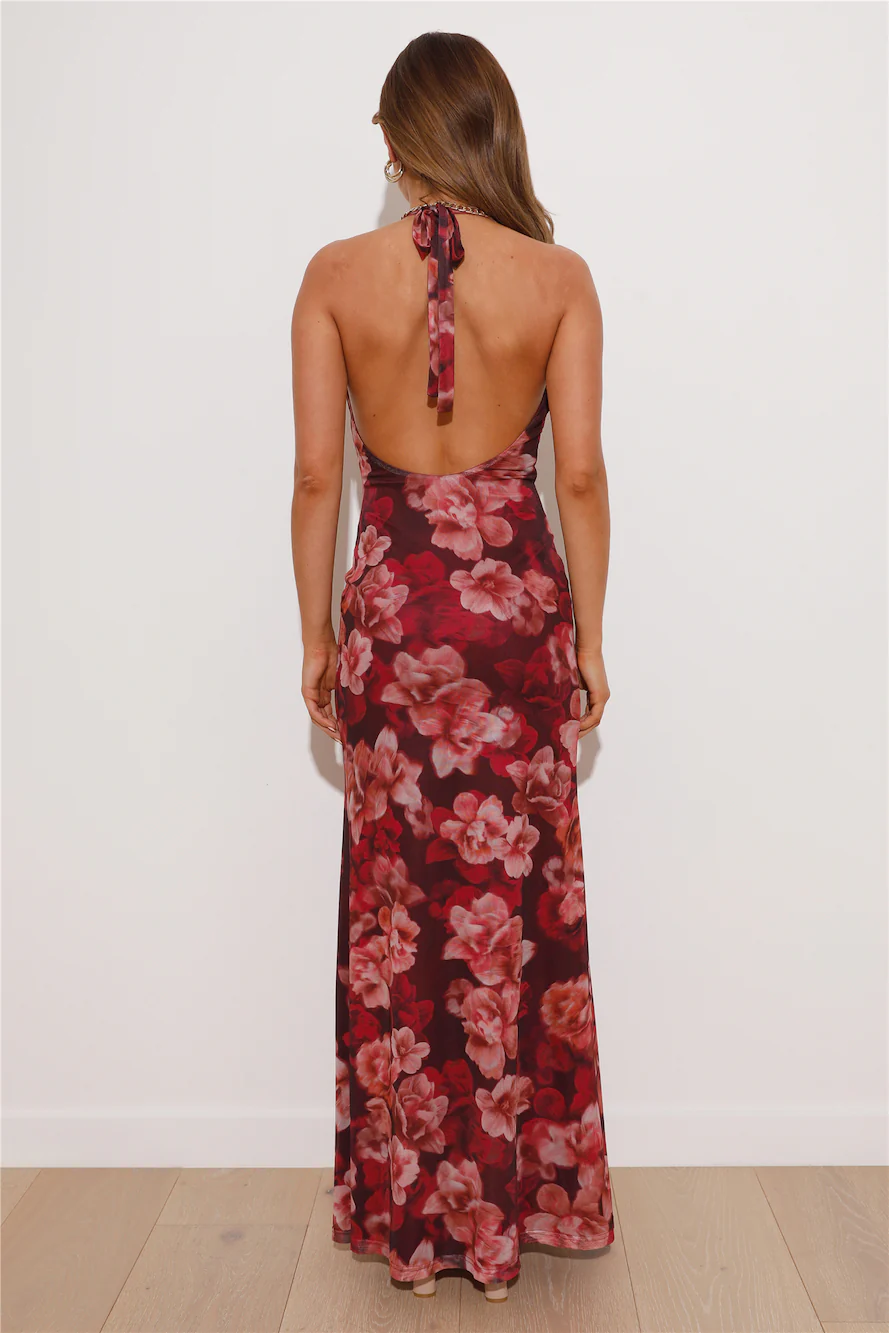 RUNAWAY Evalina Maxi Dress Wine Floral