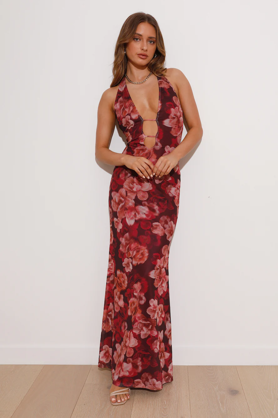 RUNAWAY Evalina Maxi Dress Wine Floral