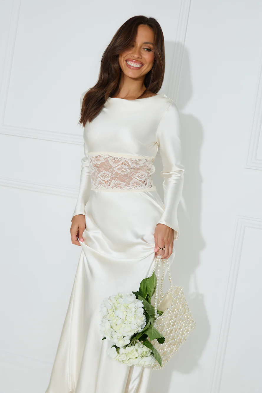 Queen Visits Long Sleeve Satin Maxi Dress Champagne