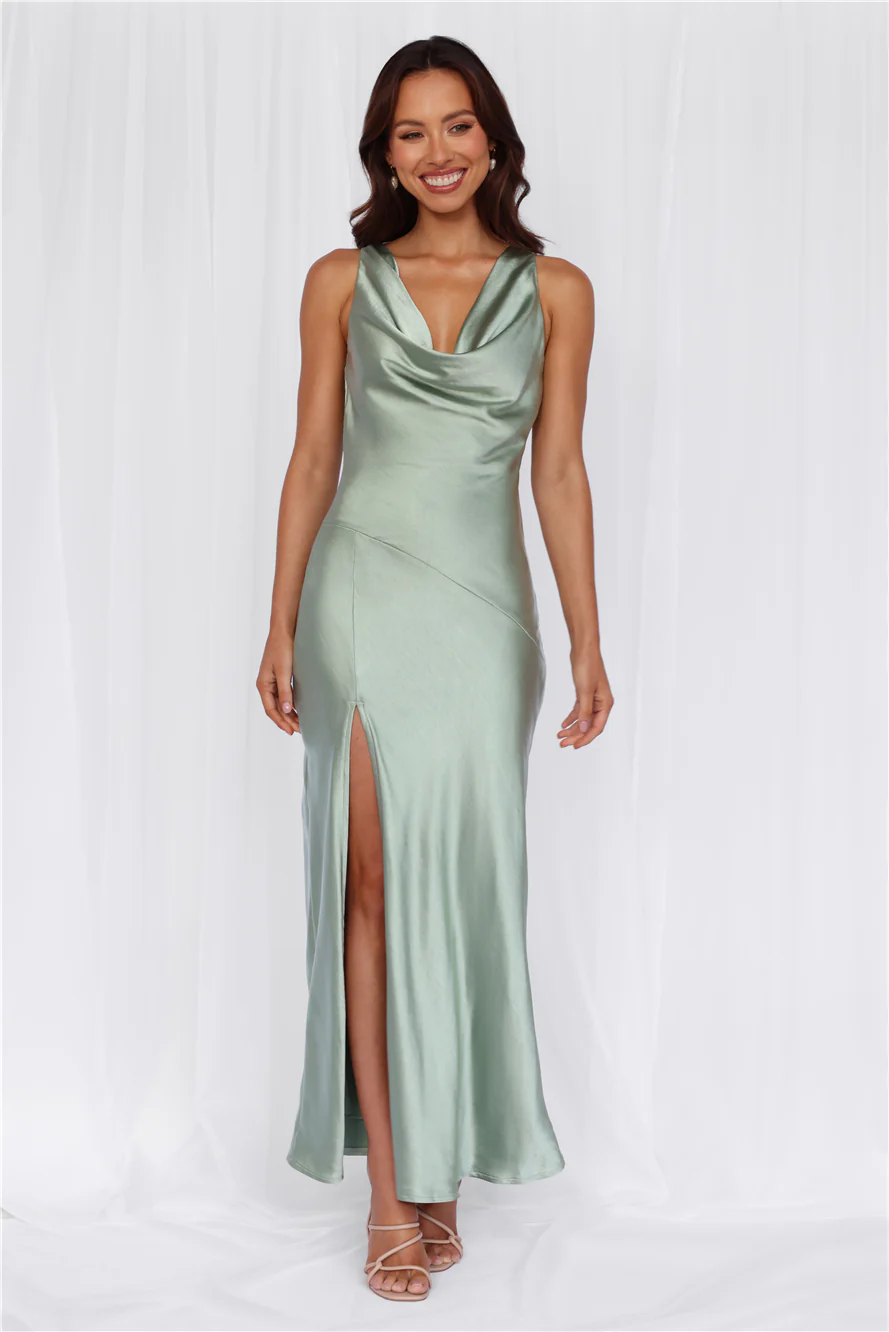 BEACNLADY The Loretta Cowl Satin Maxi Dress Sage