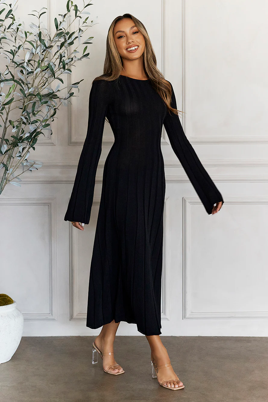 BEACNLADY Creating Icons Ribbed Long Sleeve Midi Dress Black