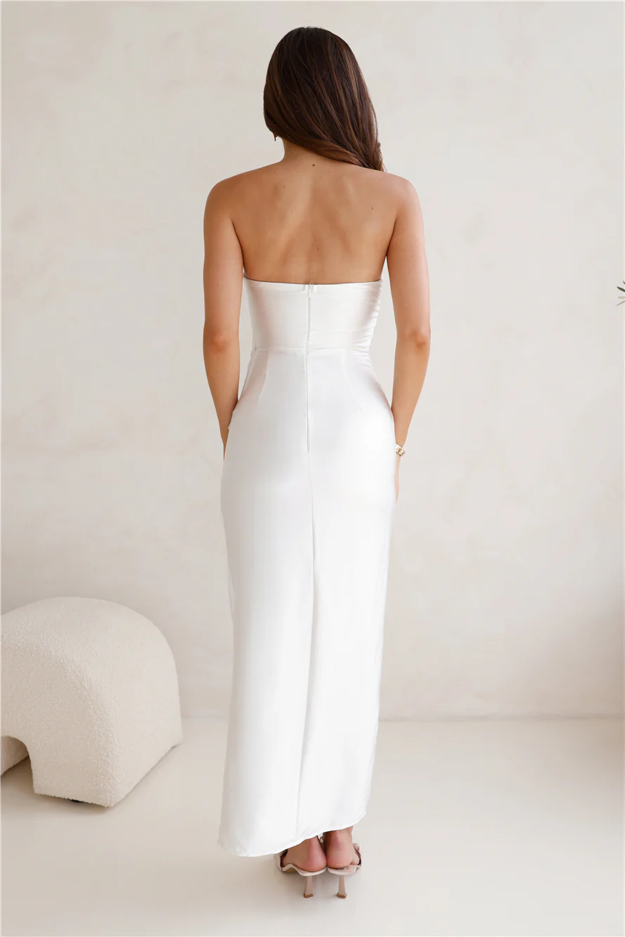 Miss To Mrs Strapless Satin Midi Dress White
