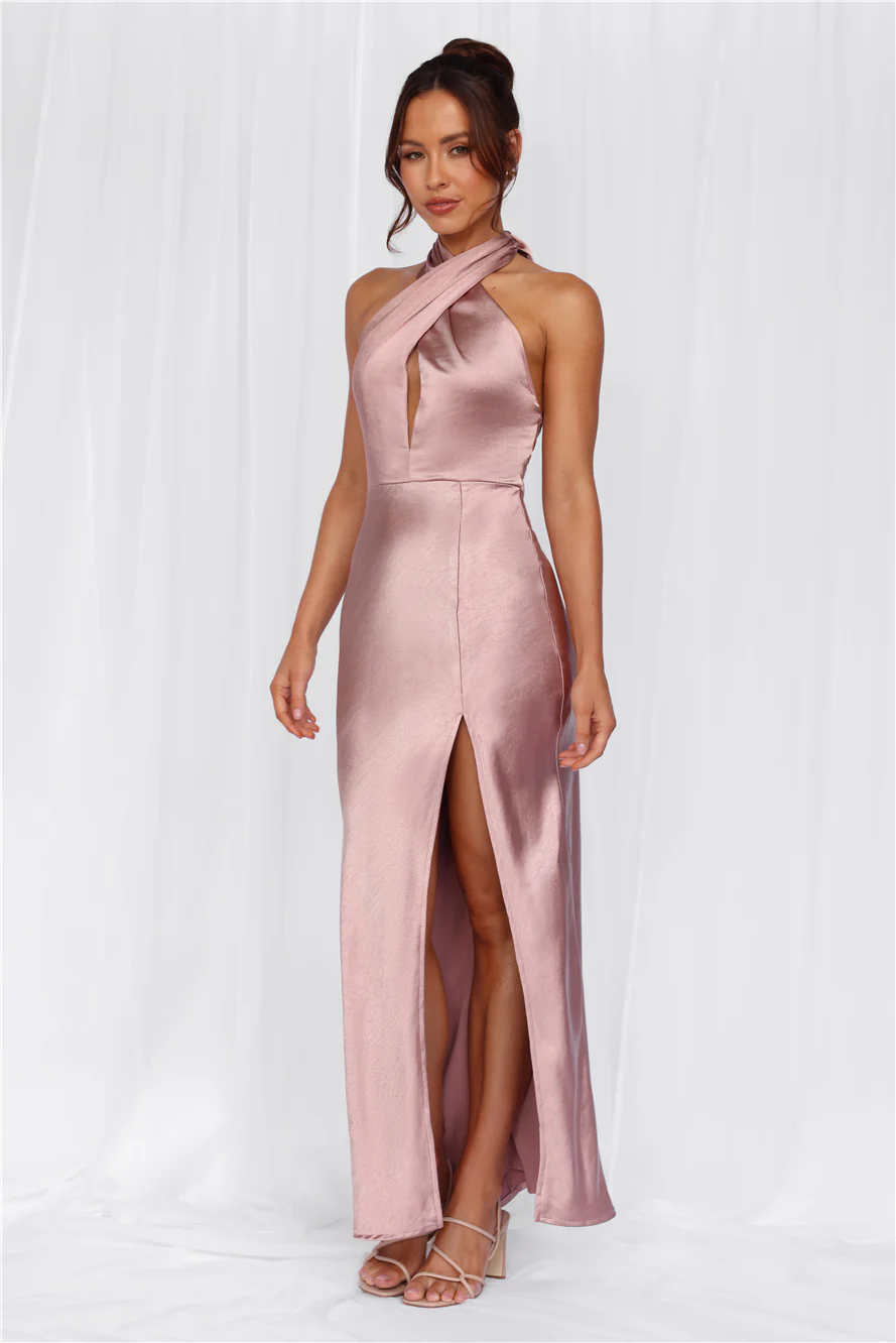 Beacnlady The Adeline Halter Satin Maxi Dress Dusty Pink