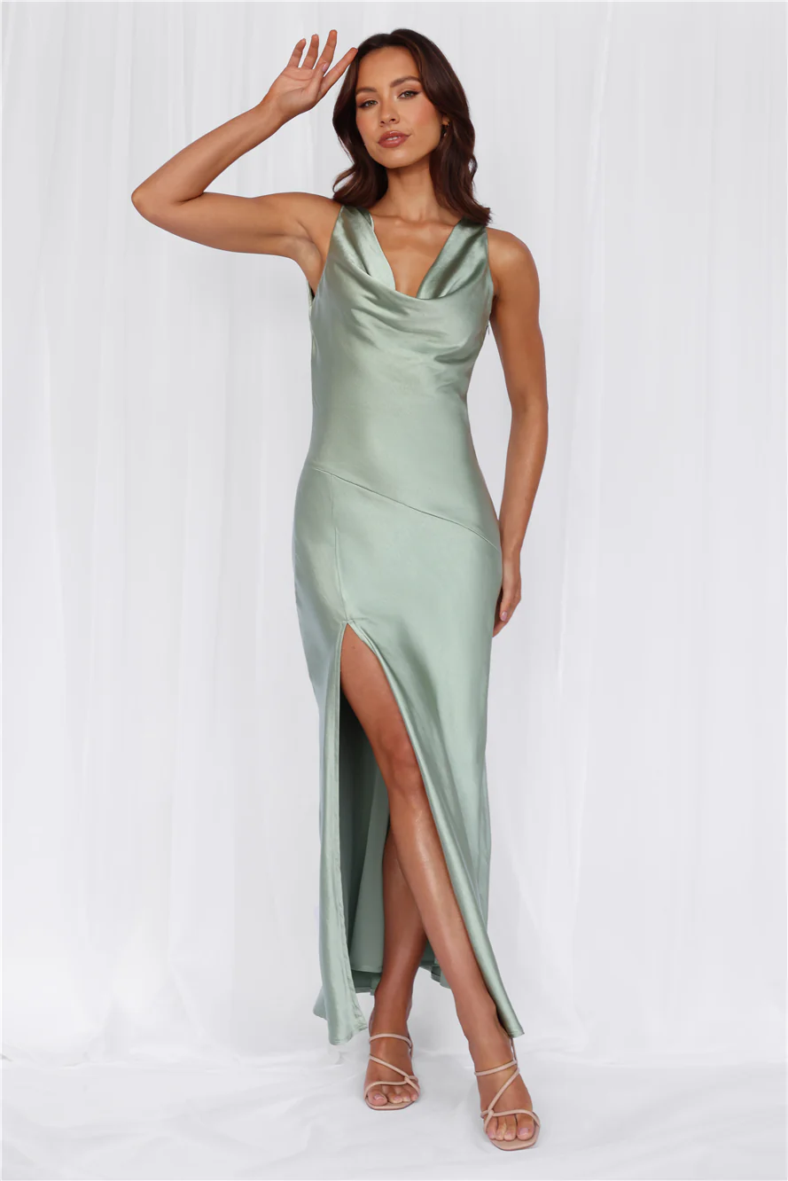 BEACNLADY The Loretta Cowl Satin Maxi Dress Sage