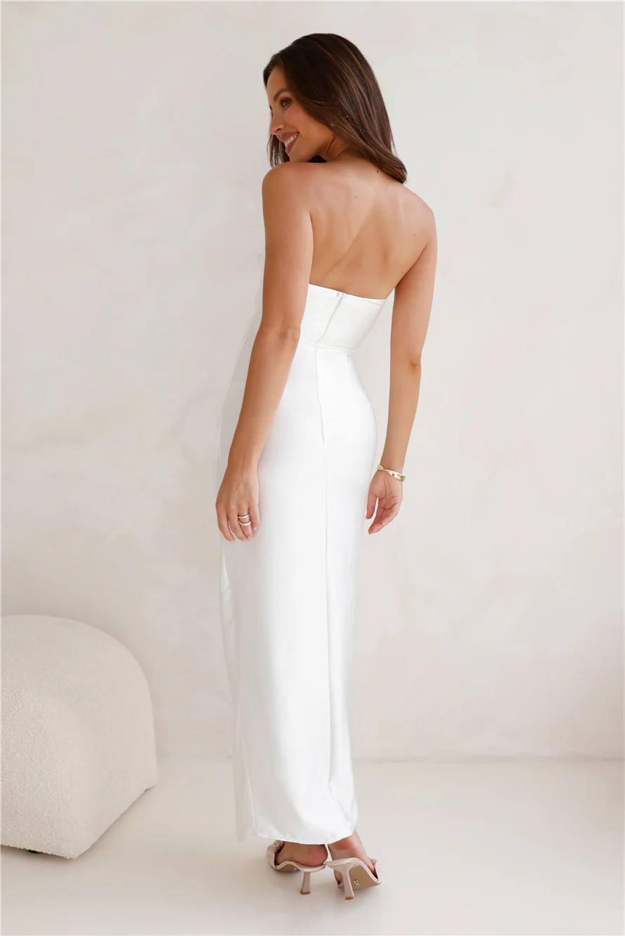 Miss To Mrs Strapless Satin Midi Dress White