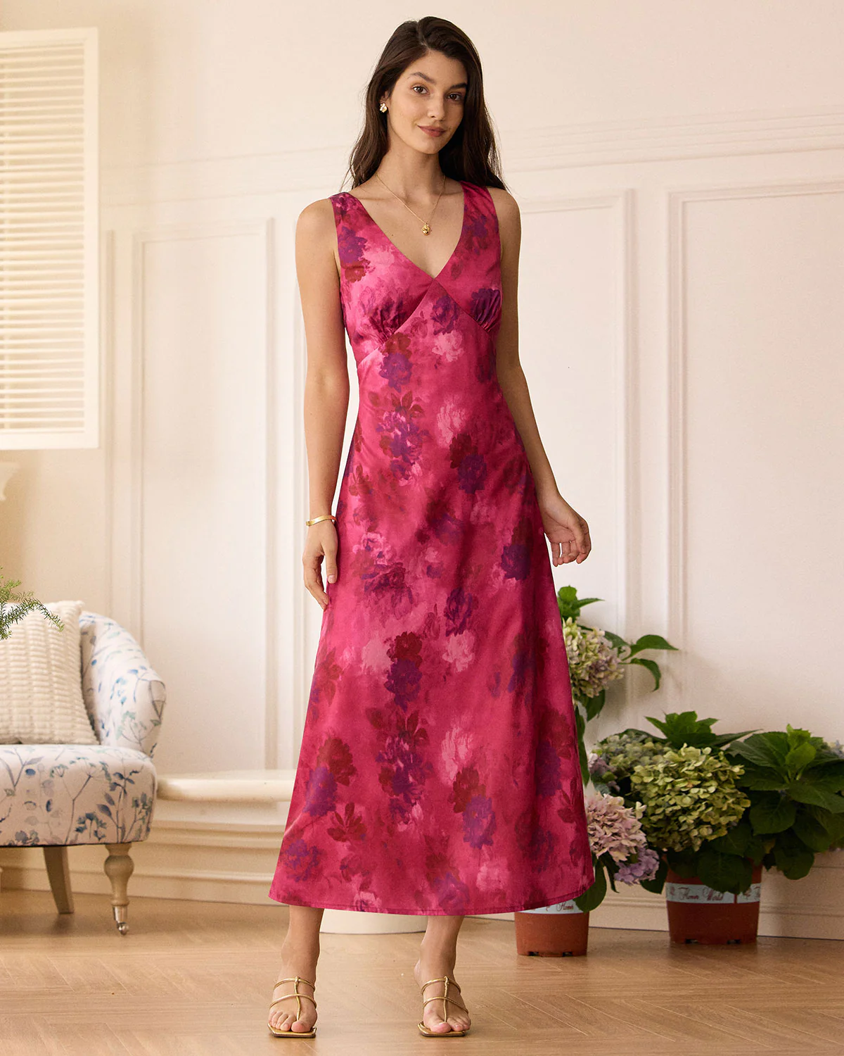 The Rose Red V Neck Sleeveless Floral Maxi Dress
