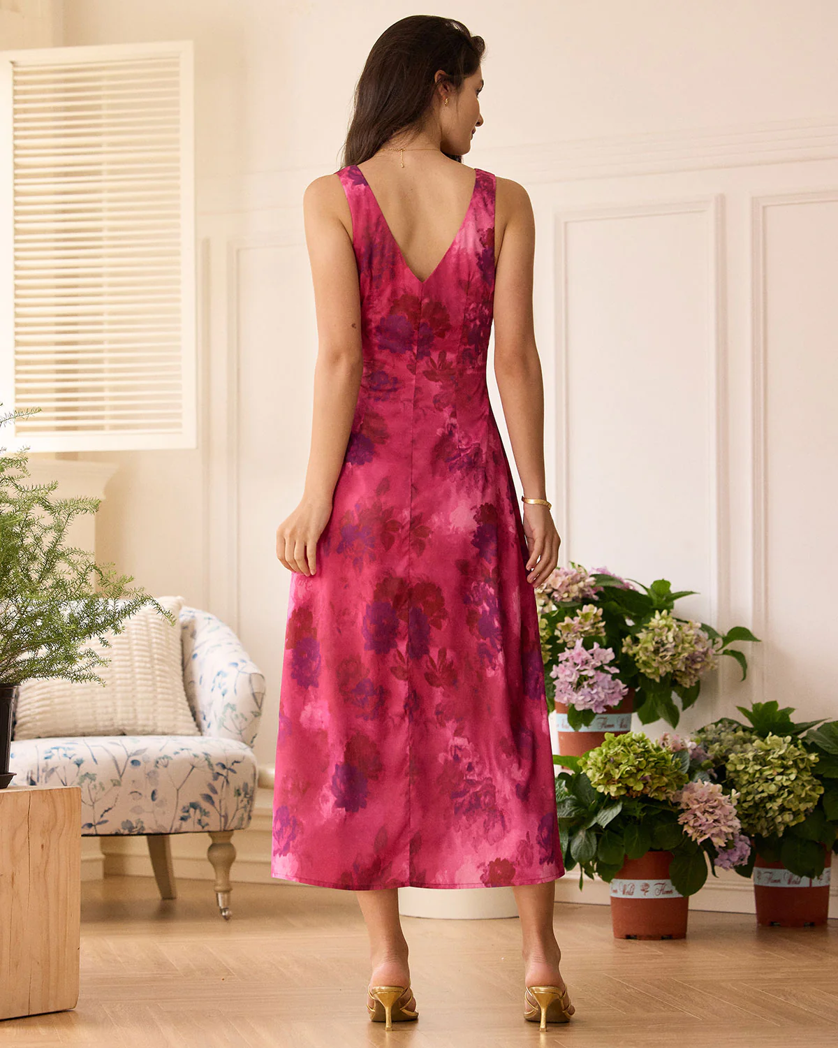 The Rose Red V Neck Sleeveless Floral Maxi Dress