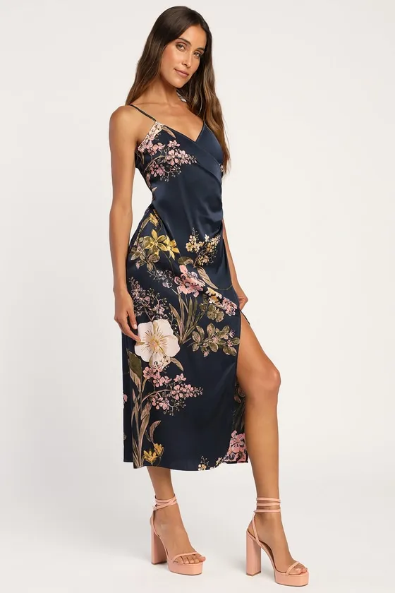 Remarkable Entrance Pink Floral Print Satin Midi Dress