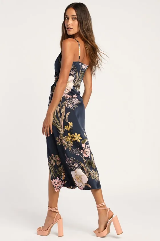 Remarkable Entrance Pink Floral Print Satin Midi Dress