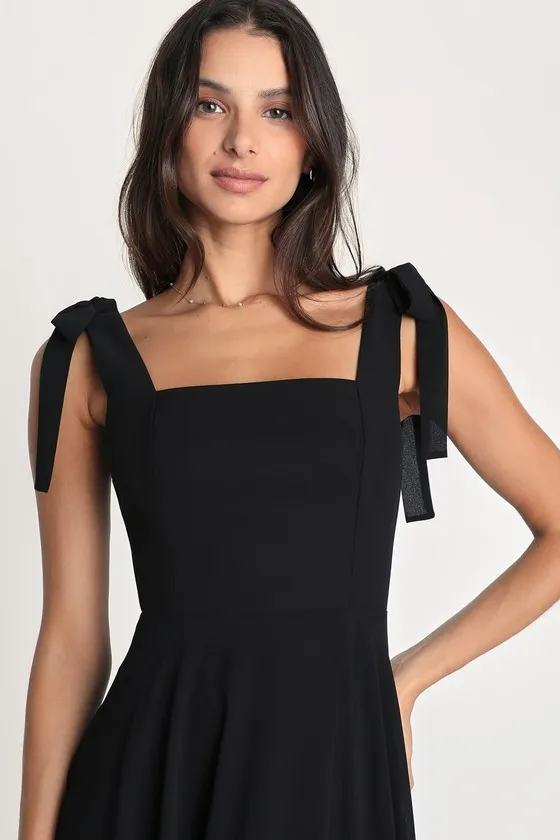 Love Me Forever Black Tie-Strap Square Neck Maxi Dress