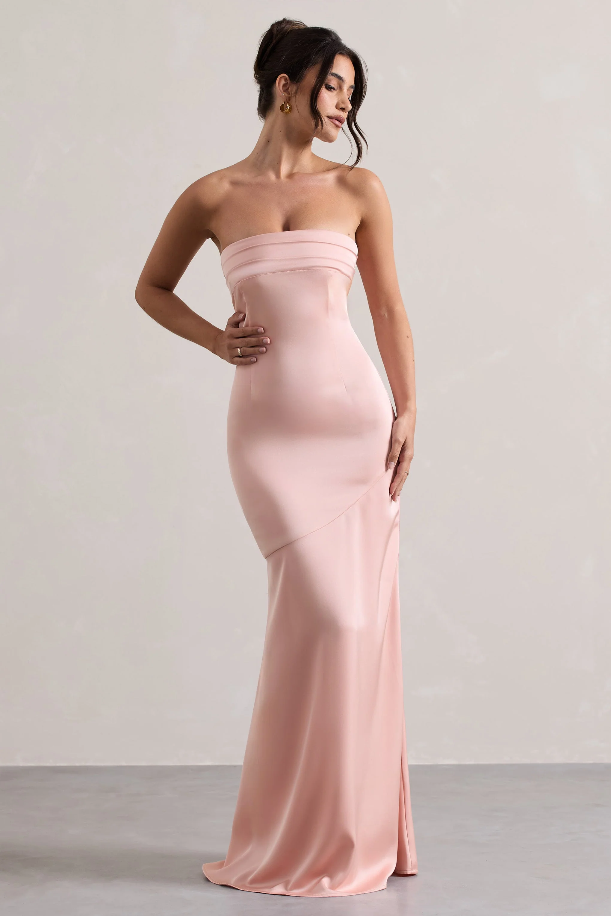 Colada | Pink Satin Pleated Bandeau Maxi Dress