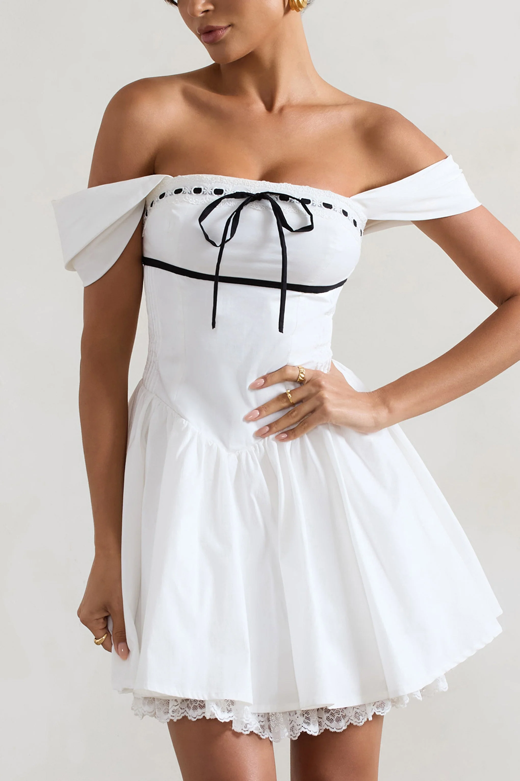 Serina | White Poplin Bardot Lace Detail Mini Dress