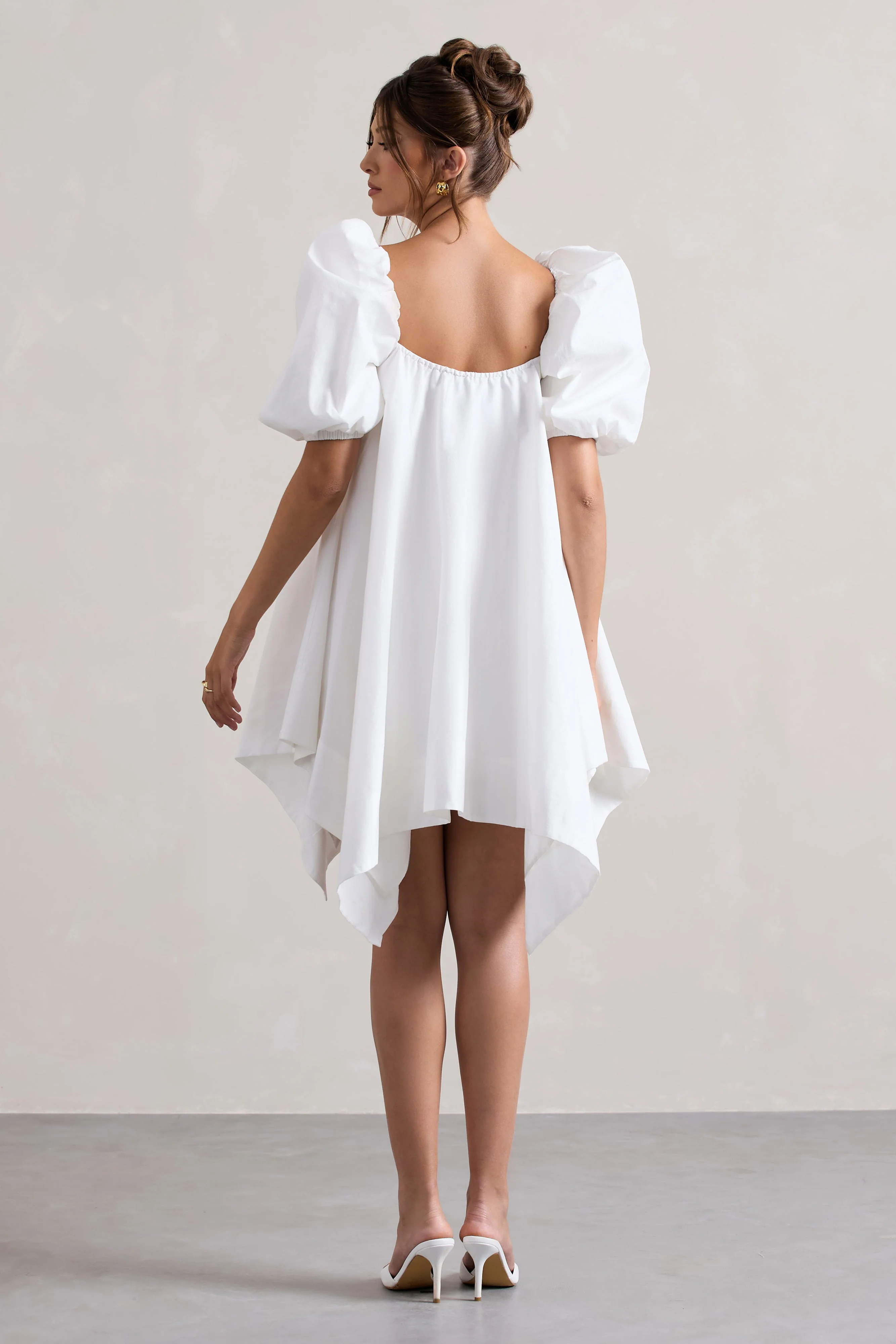 Raindrop | White Poplin Puff-Sleeve Draped Mini Dress