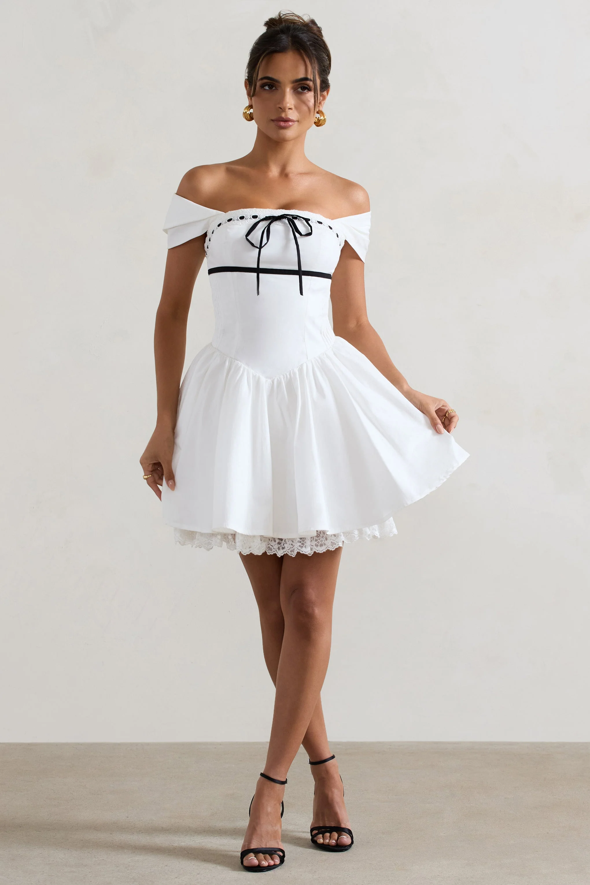 Serina | White Poplin Bardot Lace Detail Mini Dress