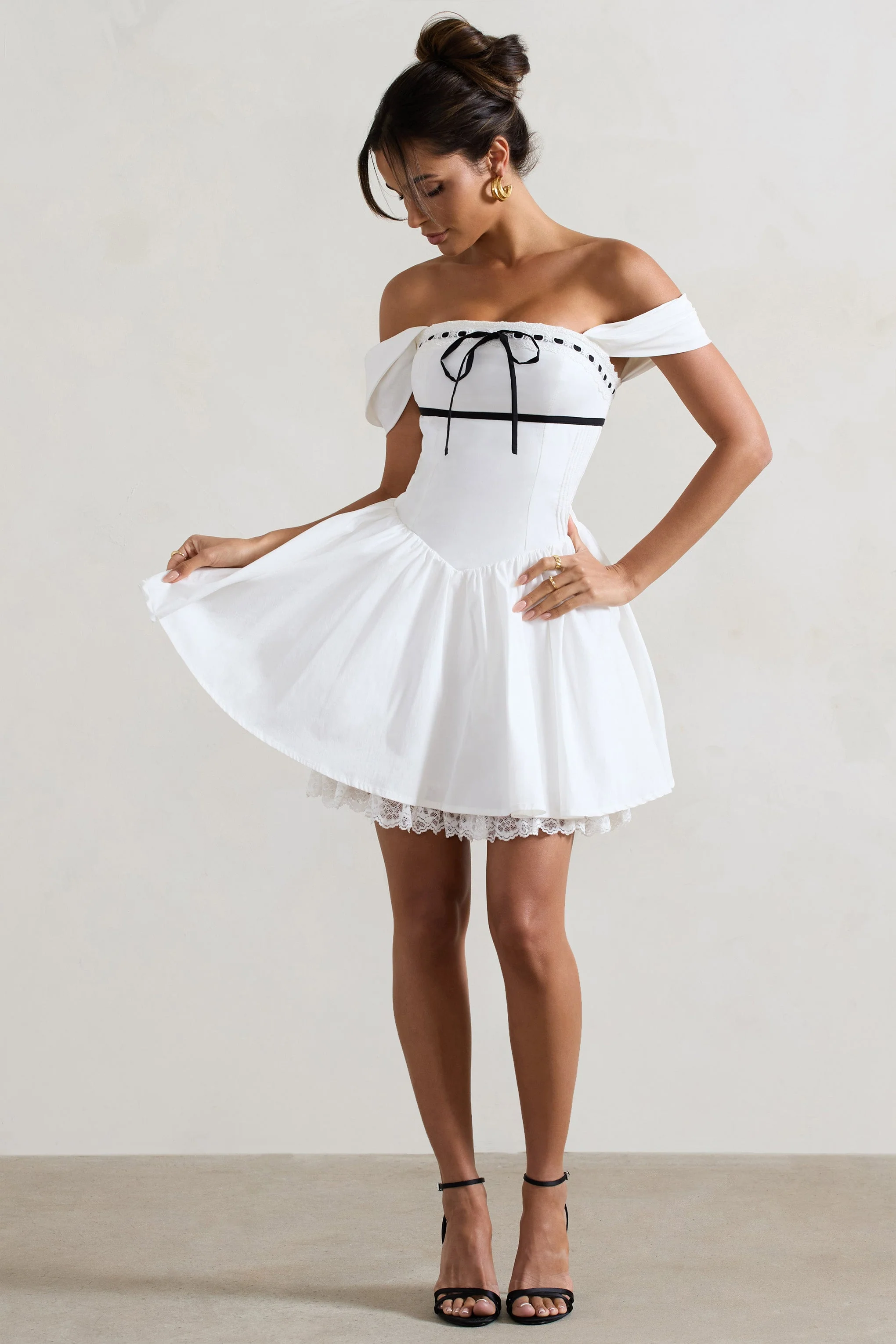 Serina | White Poplin Bardot Lace Detail Mini Dress