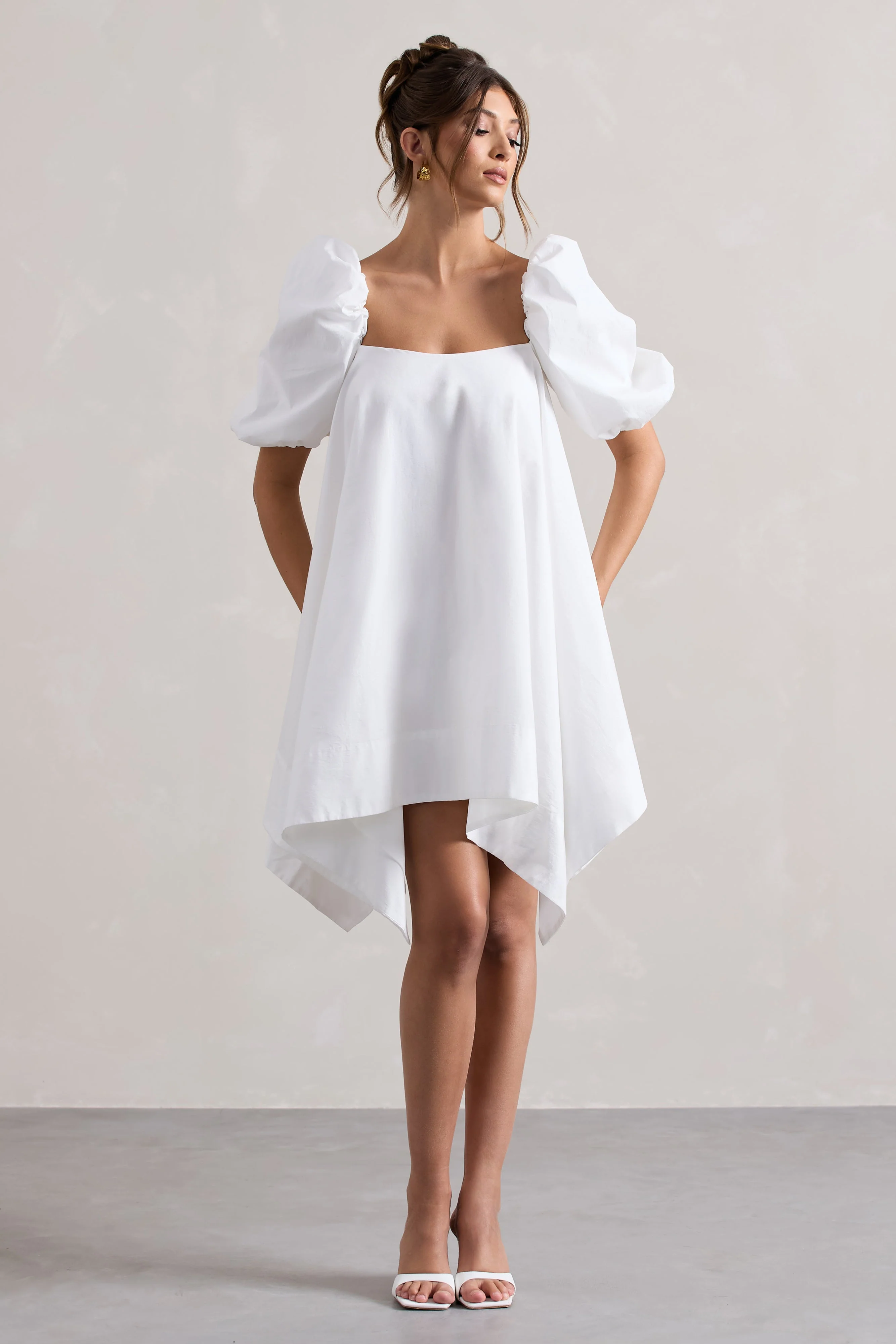 Raindrop | White Poplin Puff-Sleeve Draped Mini Dress