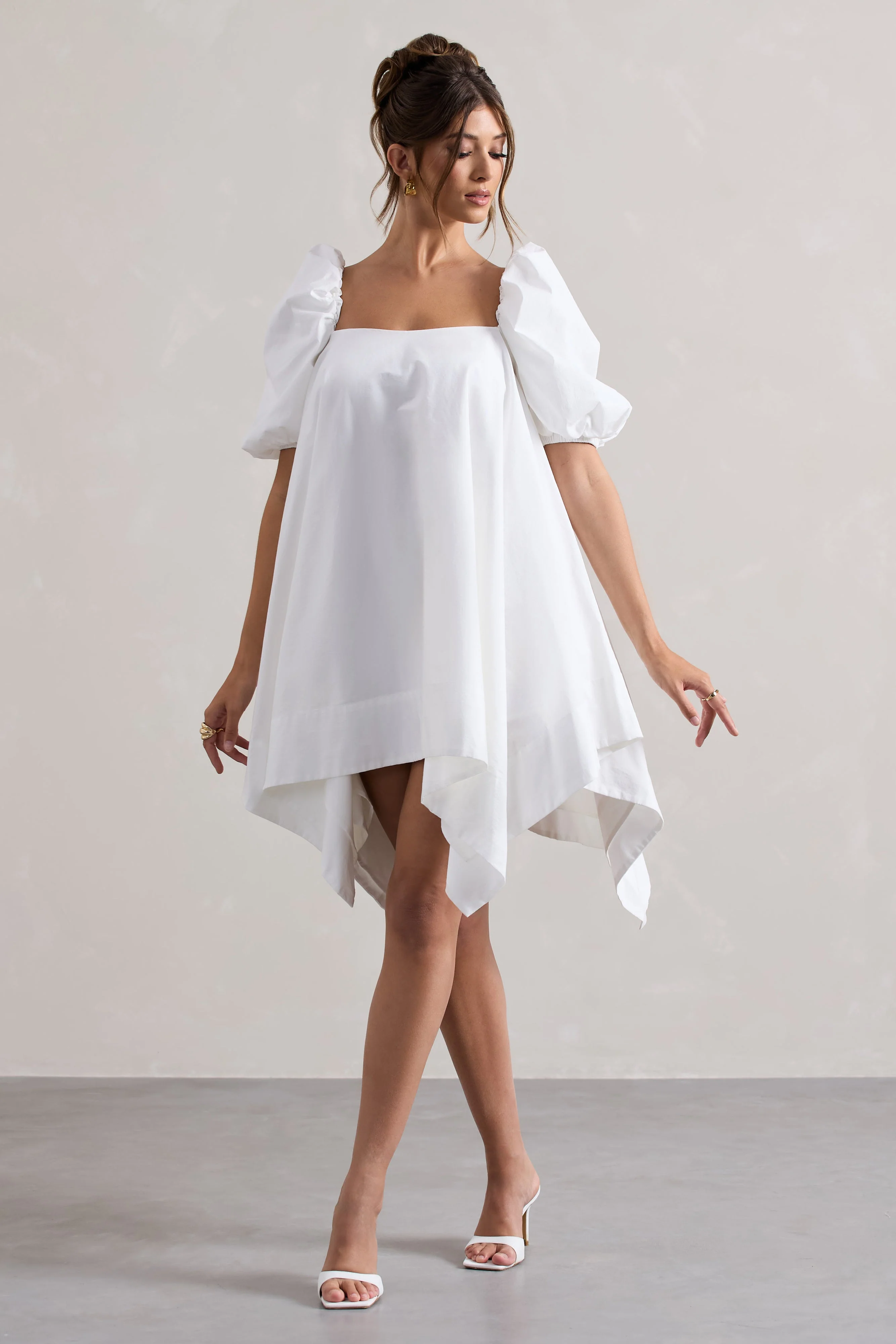 Raindrop | White Poplin Puff-Sleeve Draped Mini Dress