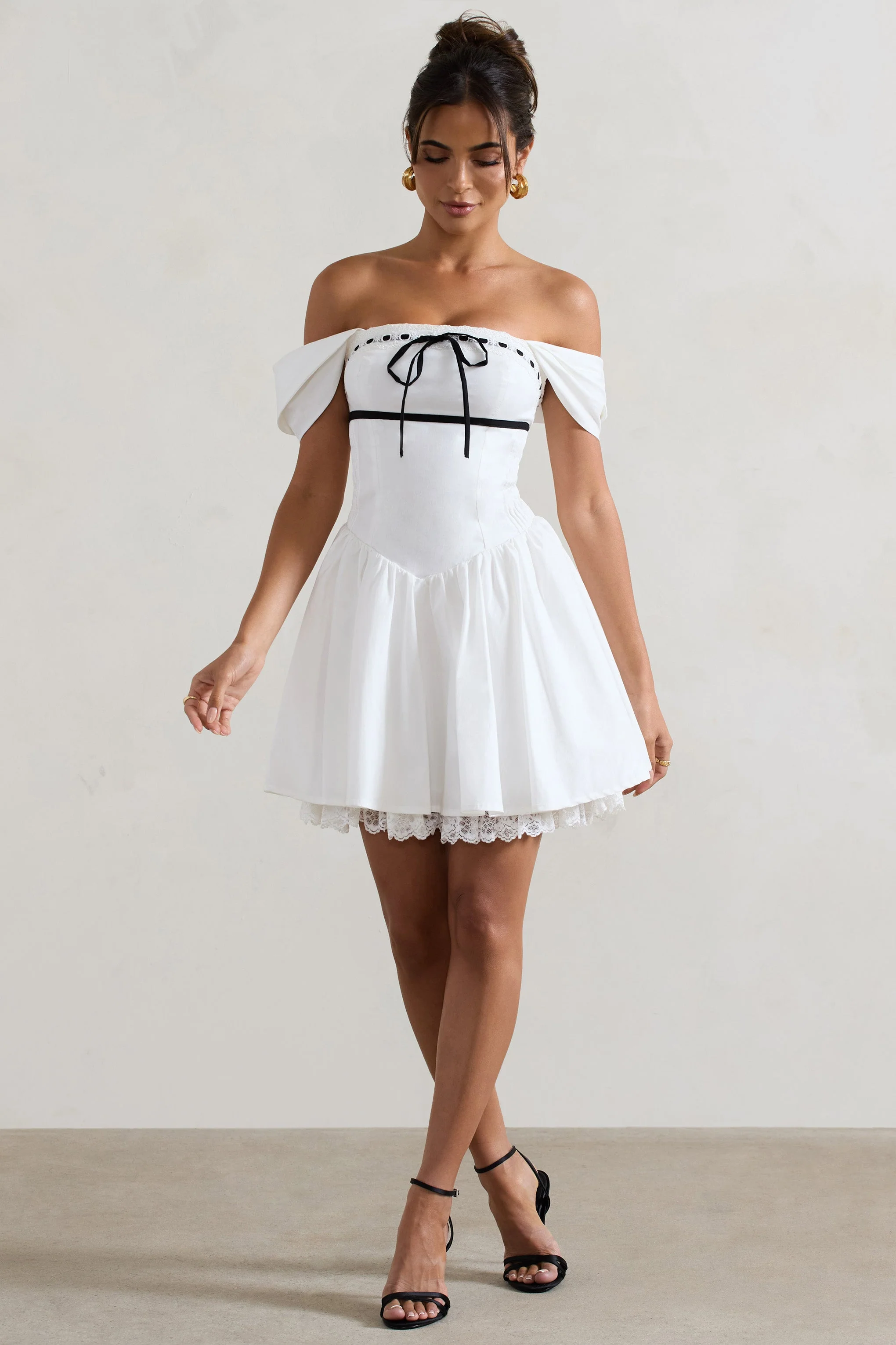 Serina | White Poplin Bardot Lace Detail Mini Dress