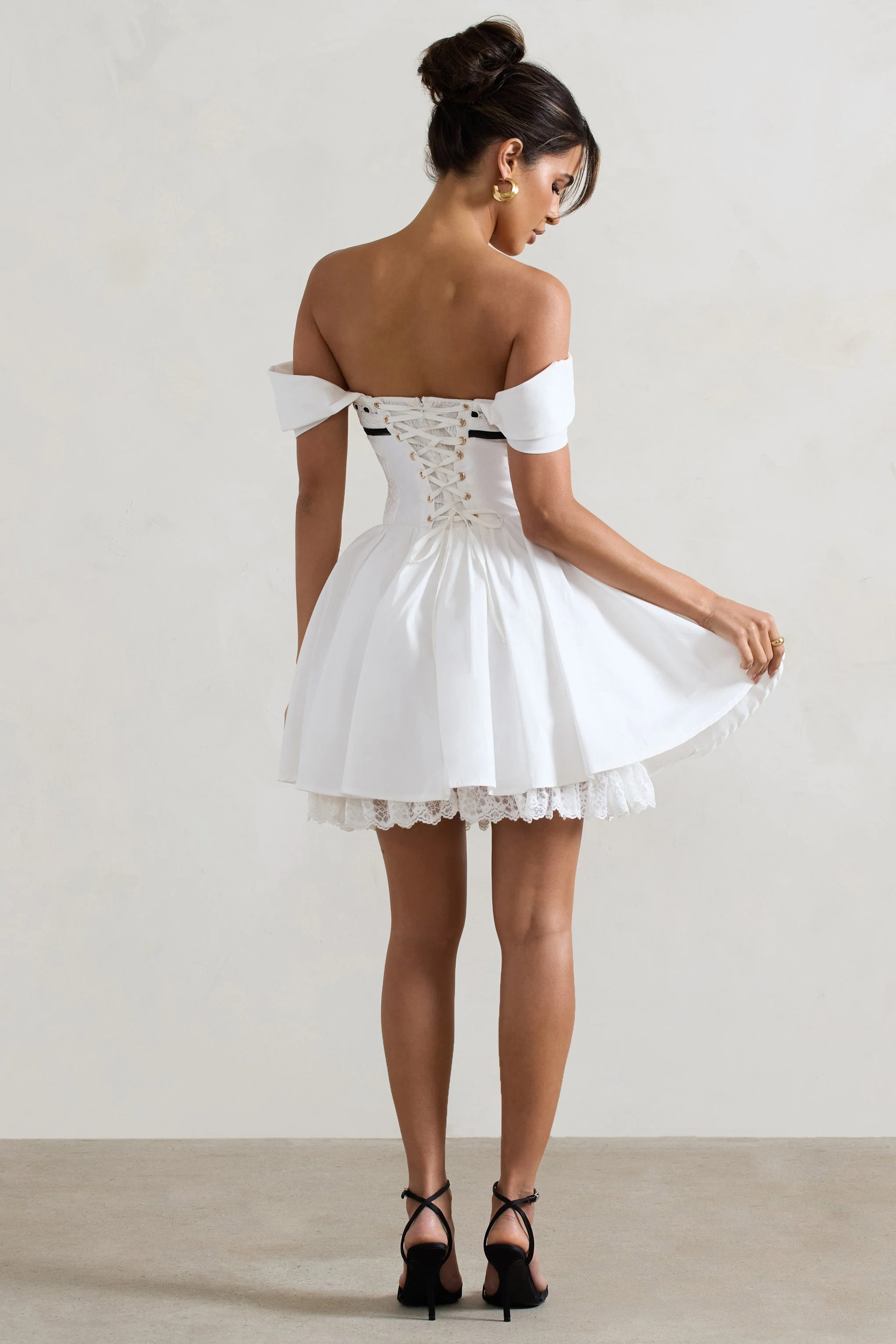 Serina | White Poplin Bardot Lace Detail Mini Dress