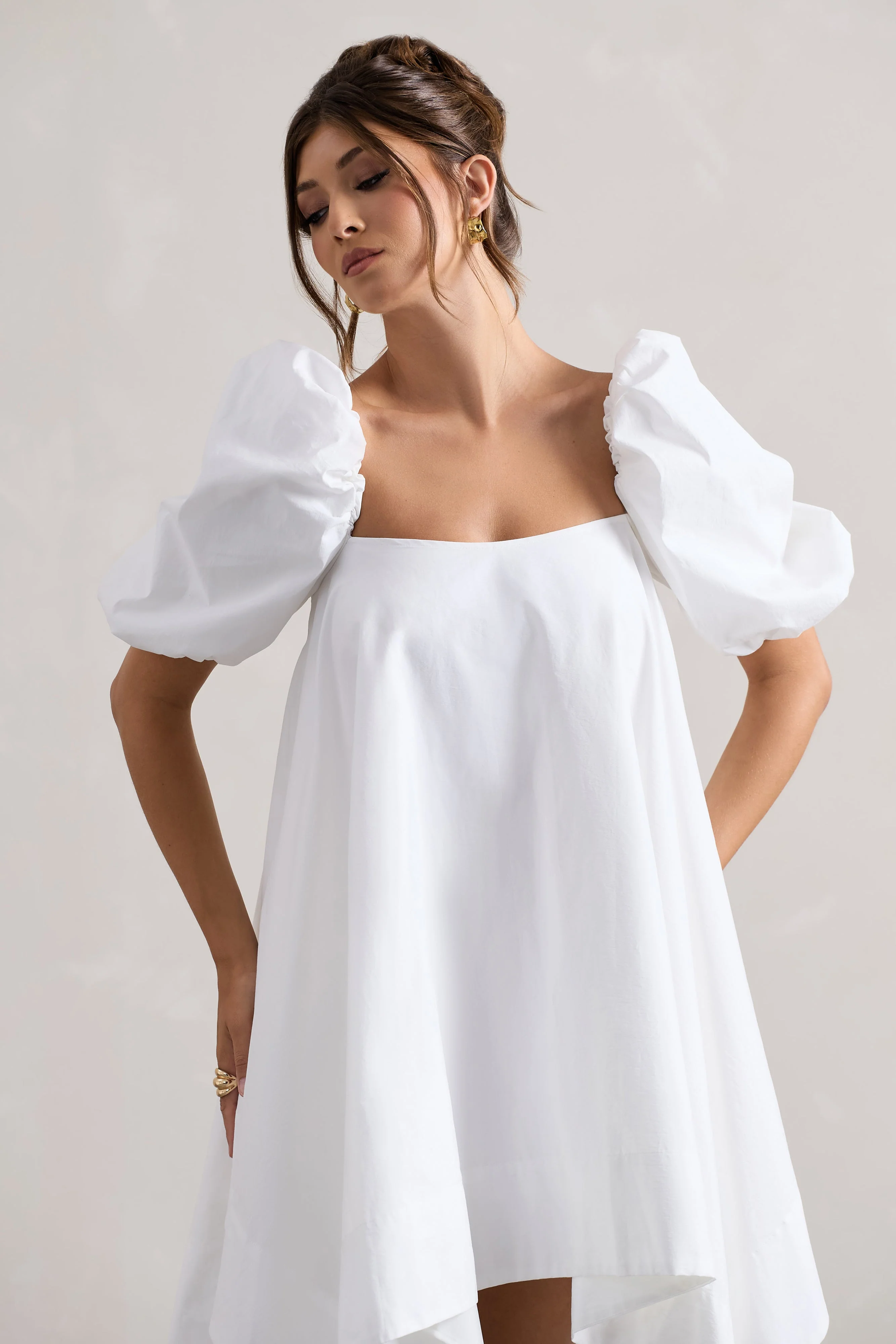 Raindrop | White Poplin Puff-Sleeve Draped Mini Dress