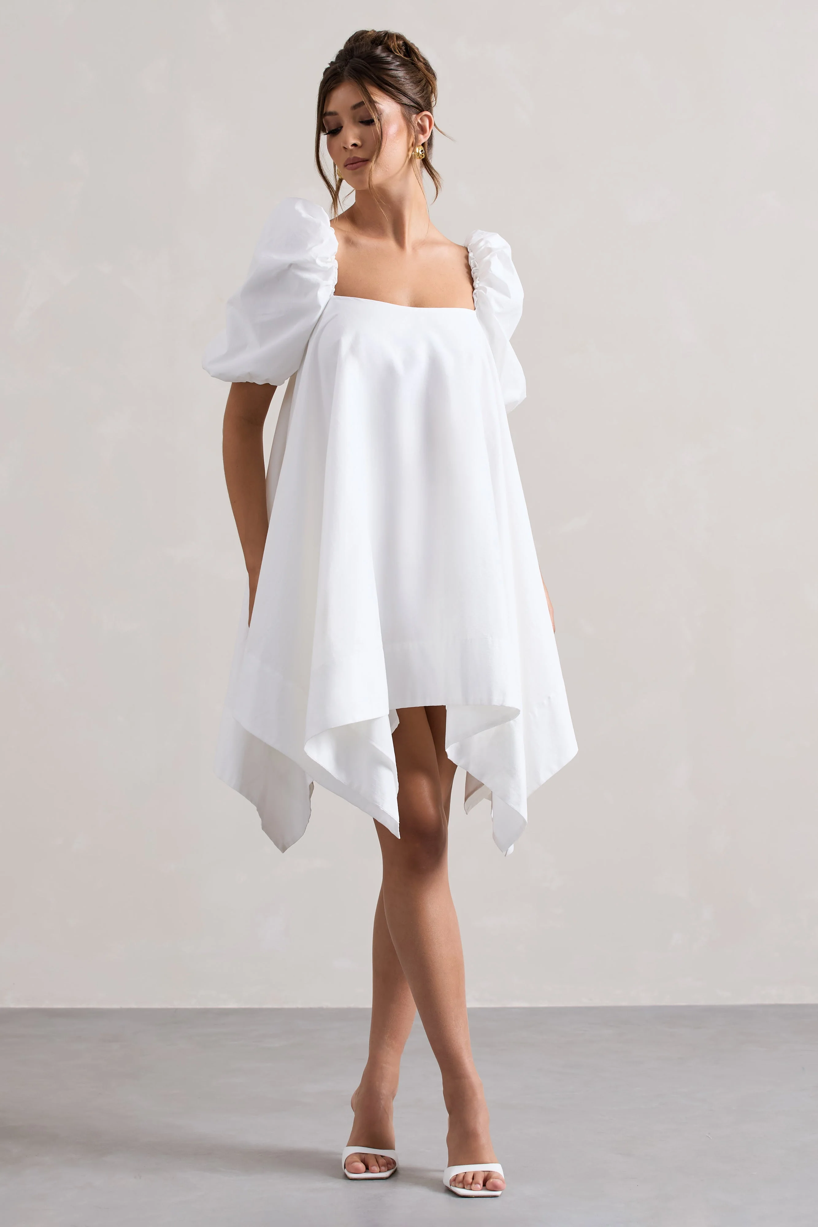 Raindrop | White Poplin Puff-Sleeve Draped Mini Dress