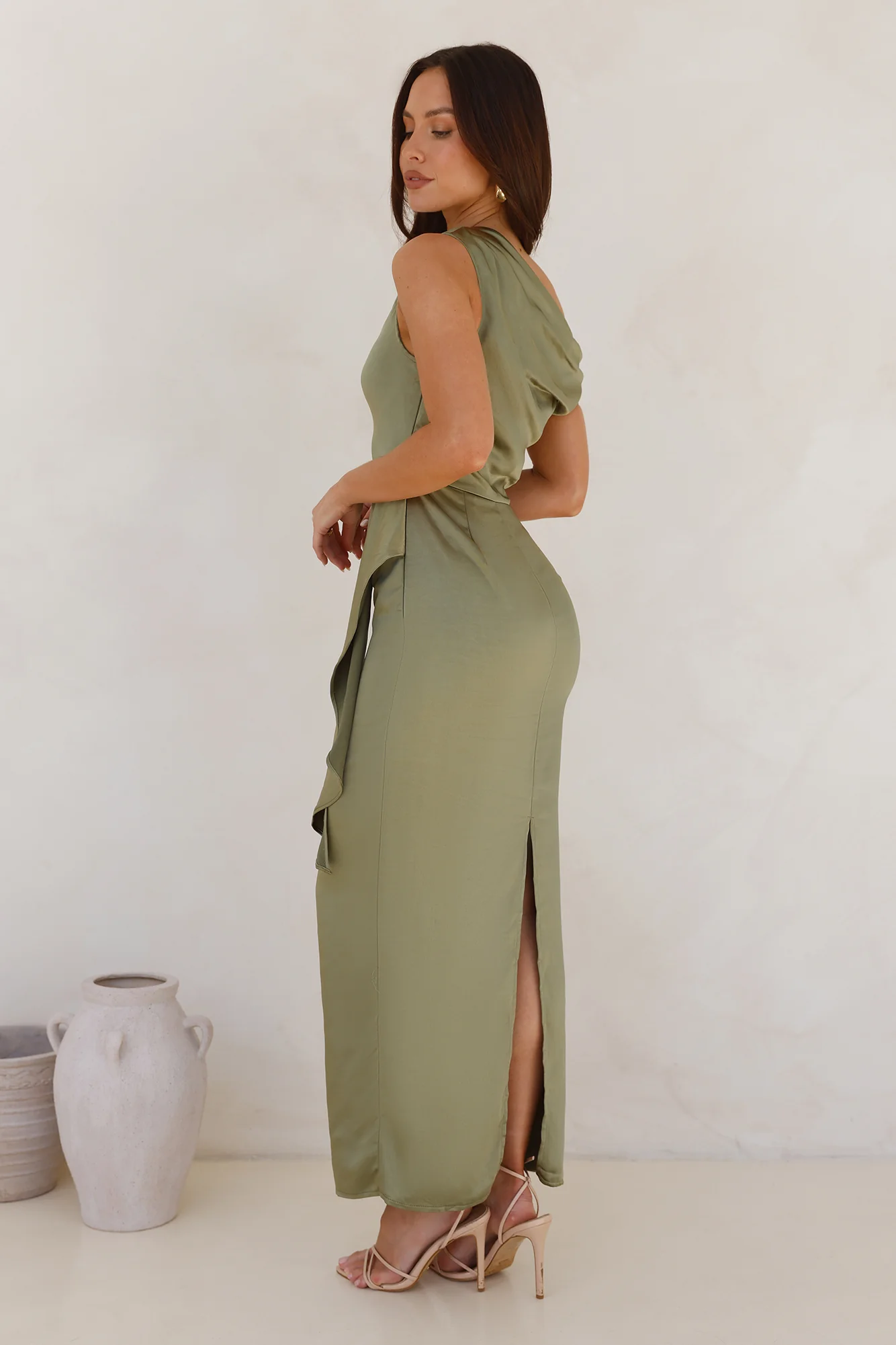 Satin Whisper Off Shoulder Maxi Dress Sage