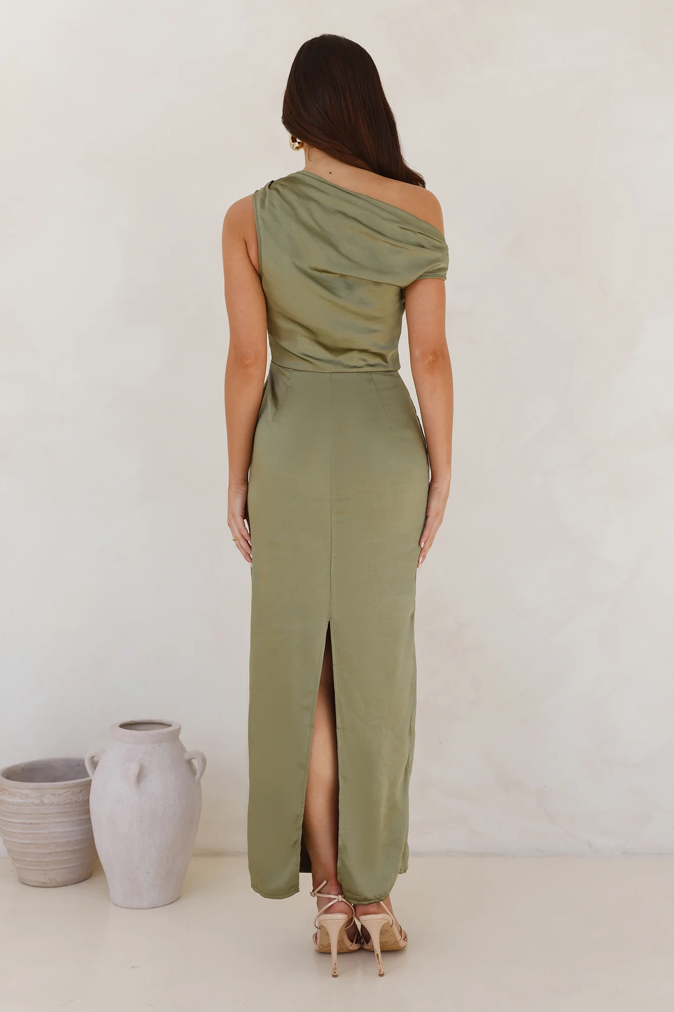 Satin Whisper Off Shoulder Maxi Dress Sage