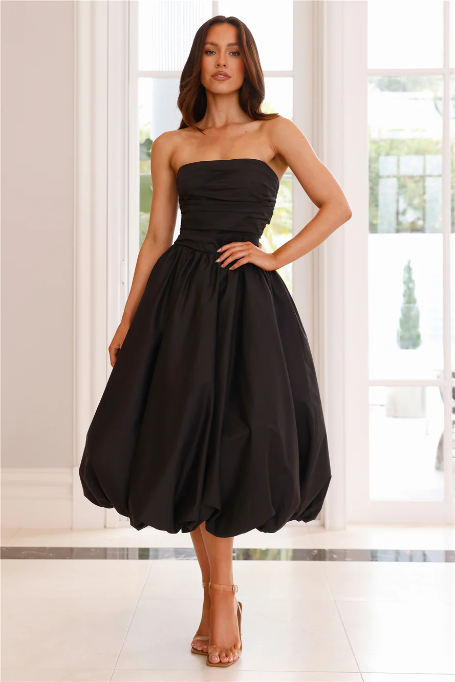 Upon A Cloud Strapless Bubble Midi Dress Black