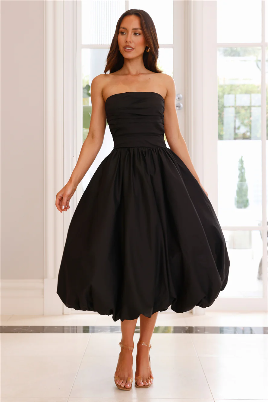 Upon A Cloud Strapless Bubble Midi Dress Black