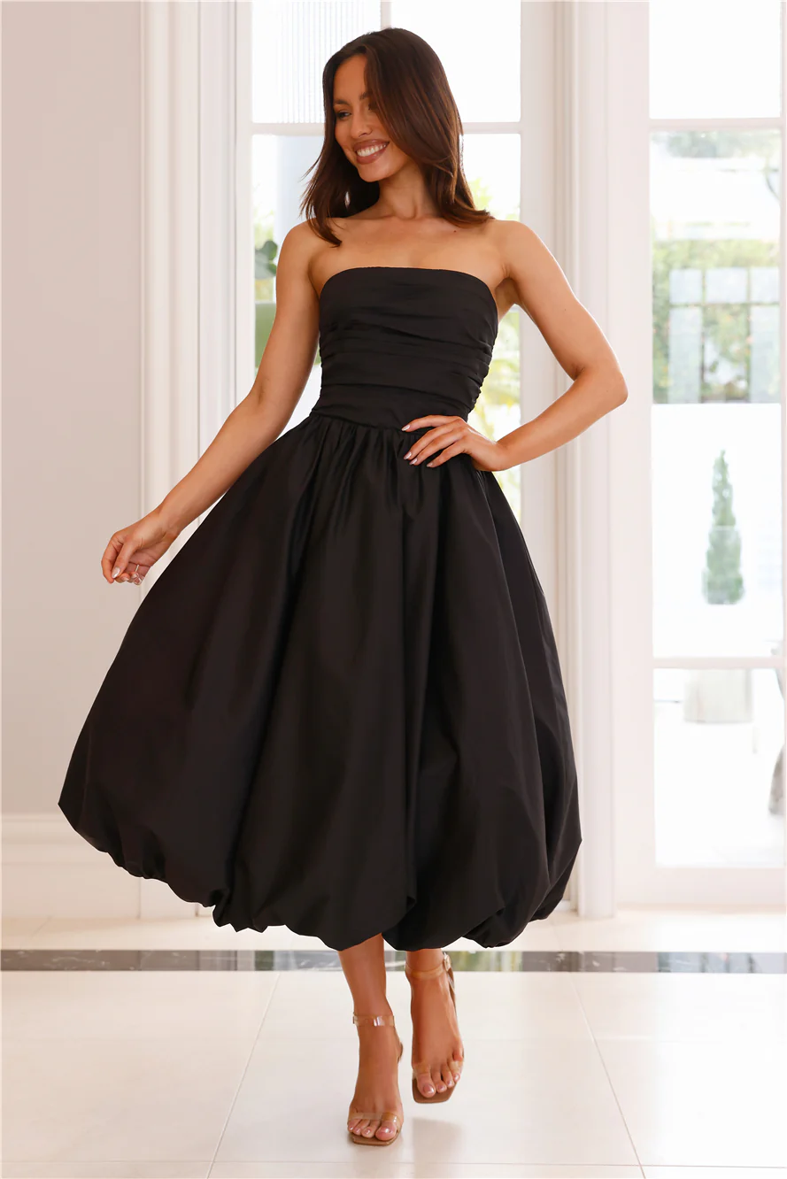 Upon A Cloud Strapless Bubble Midi Dress Black