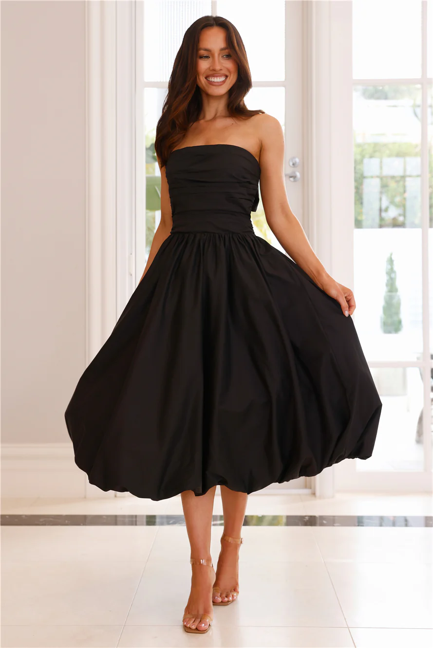 Upon A Cloud Strapless Bubble Midi Dress Black