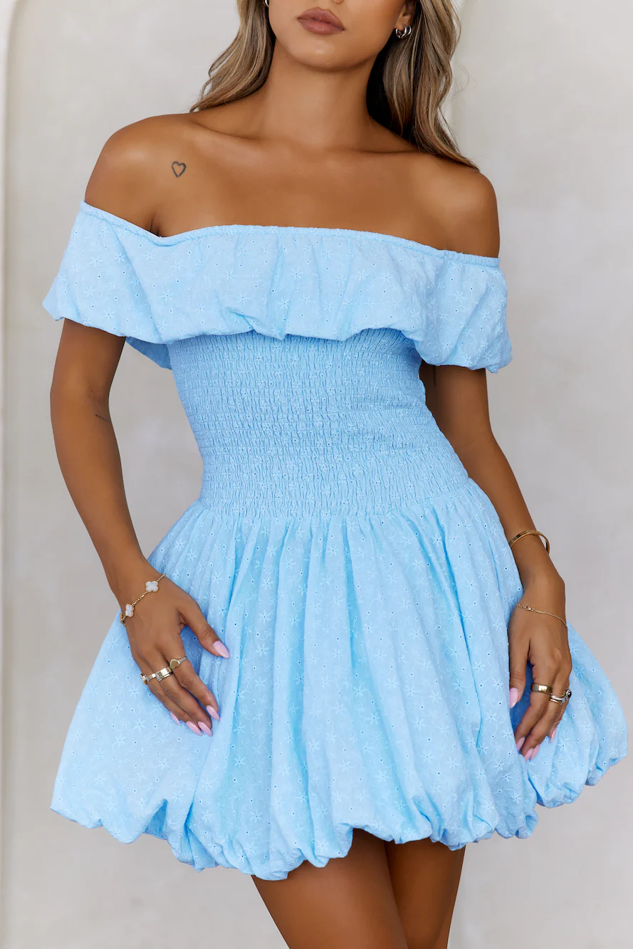 Island Light Off Shoulder Bubble Mini Dress Blue