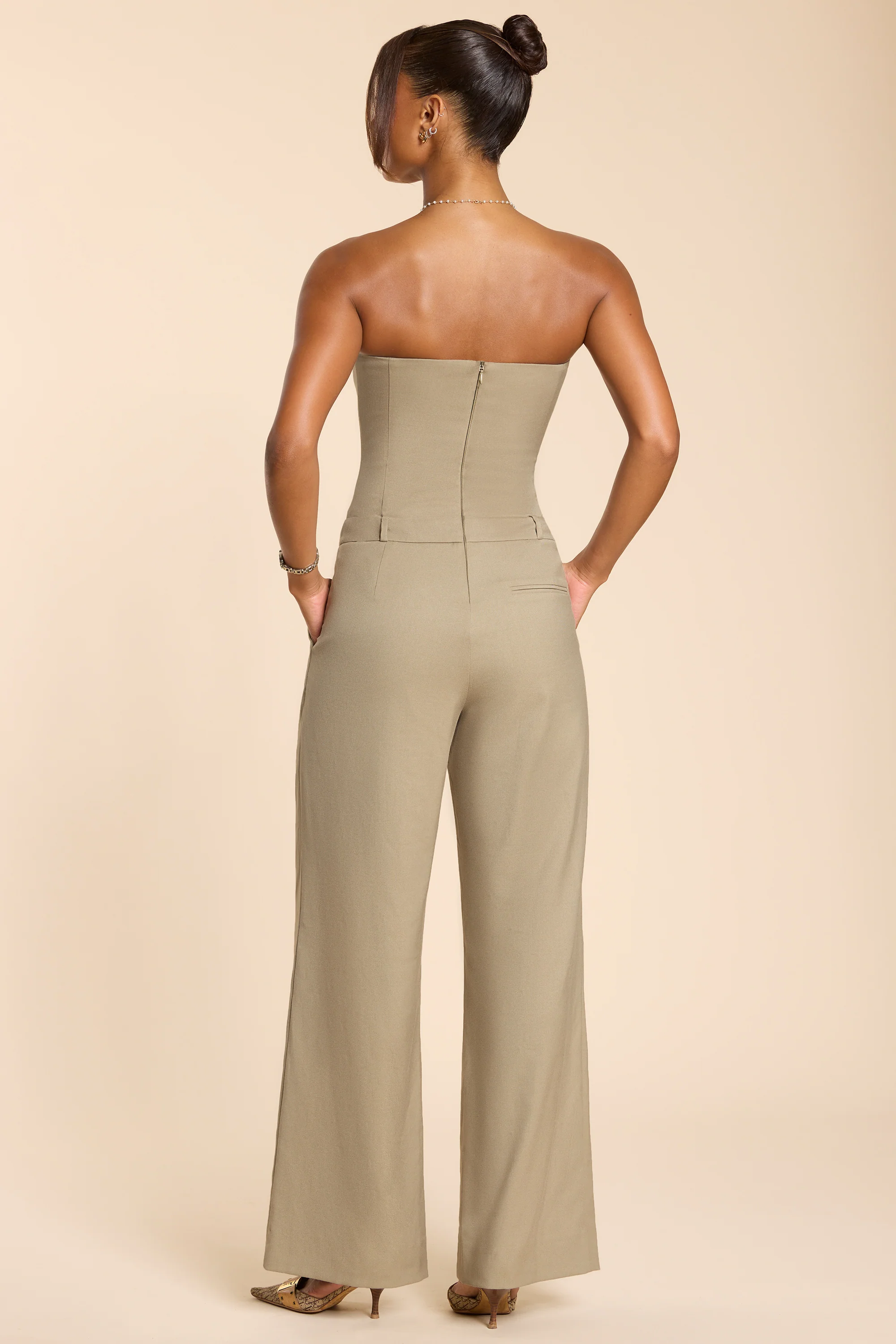 Petite Brushed Twill Bandeau Corset Jumpsuit in Taupe
