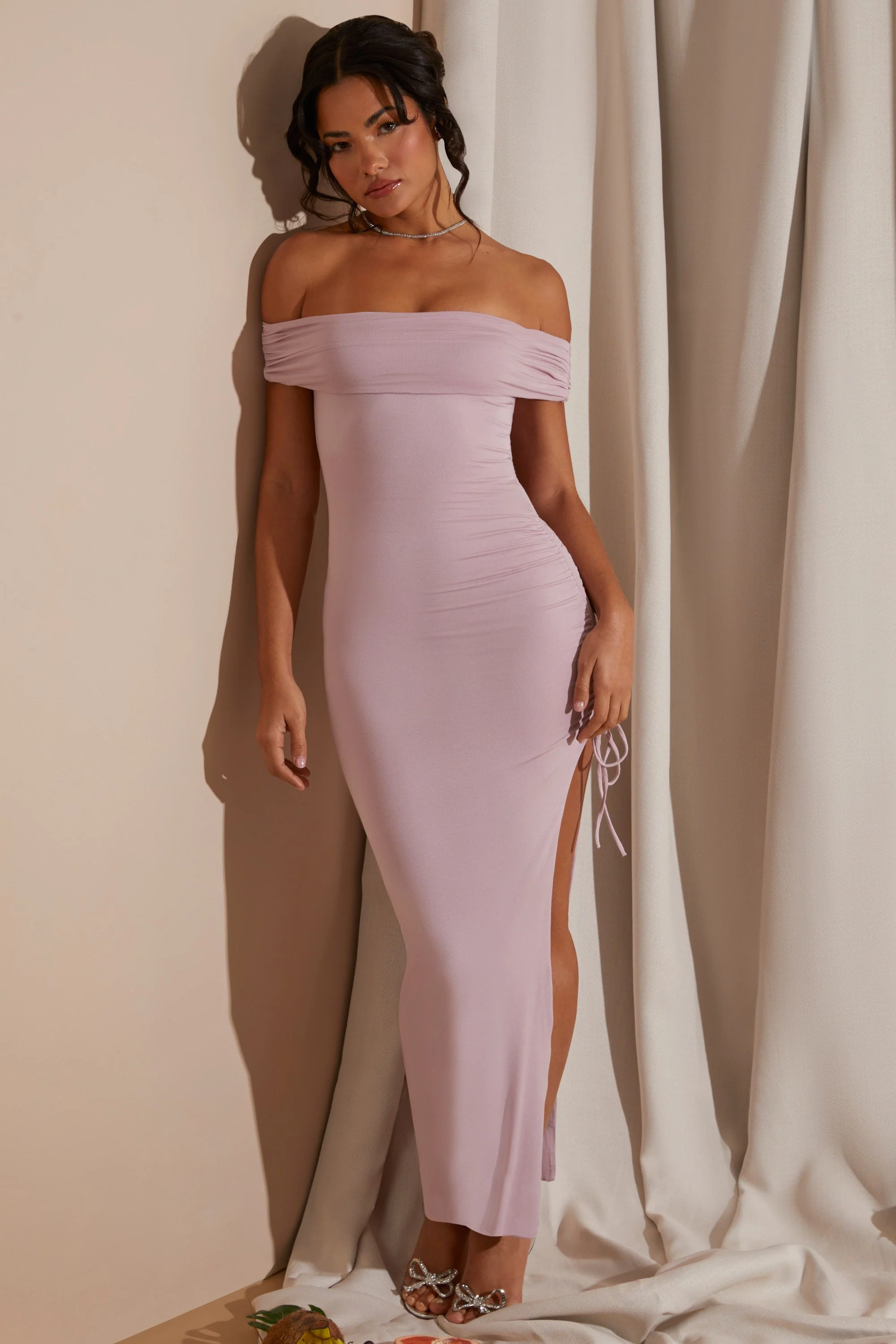 Off The Shoulder High Slit Maxi Dress in Blush
