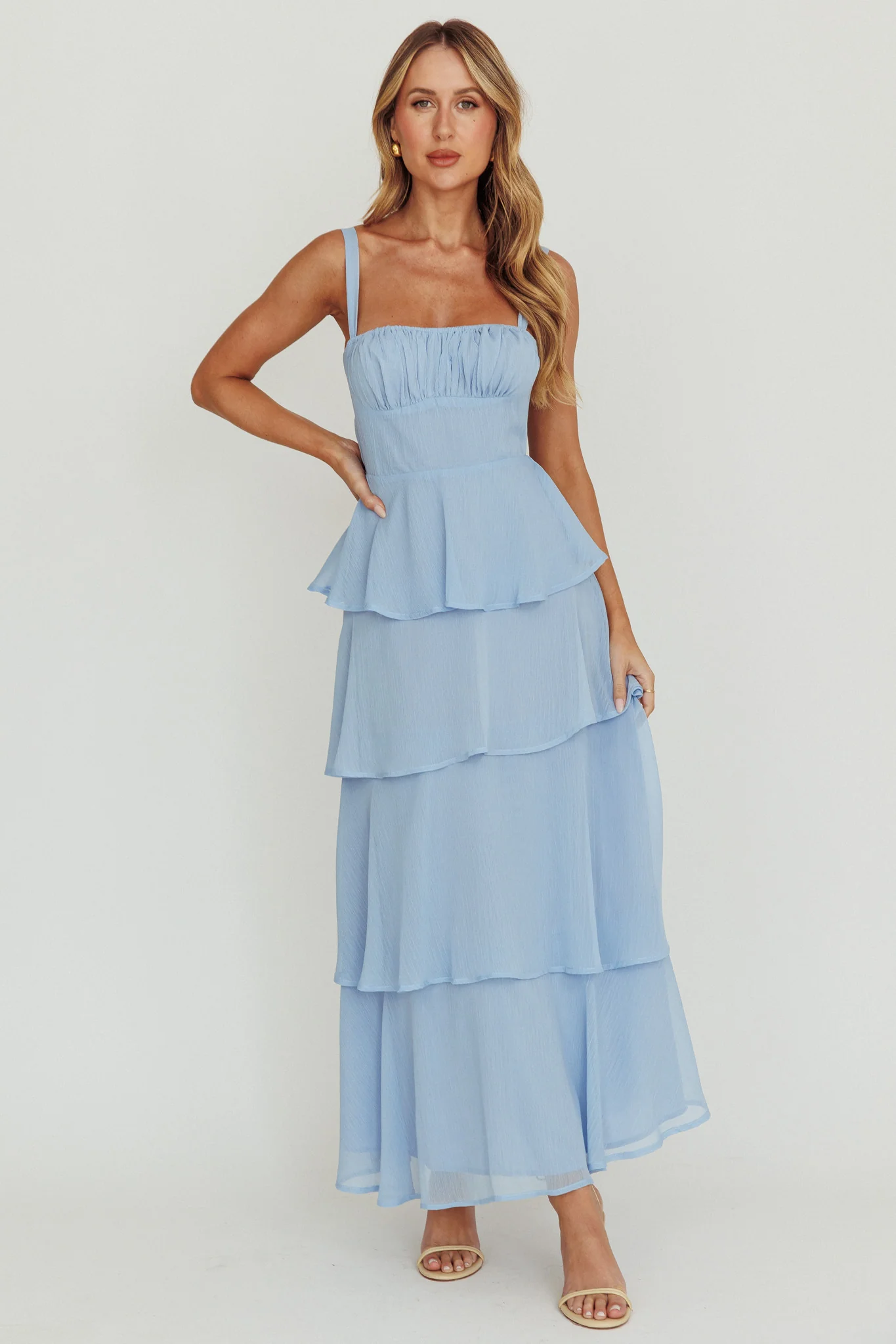 Provence Bloom Tiered Ruffle Maxi Dress Sky Blue
