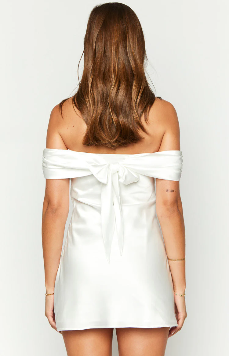 Primrose White Satin Off the Shoulder Mini Dress