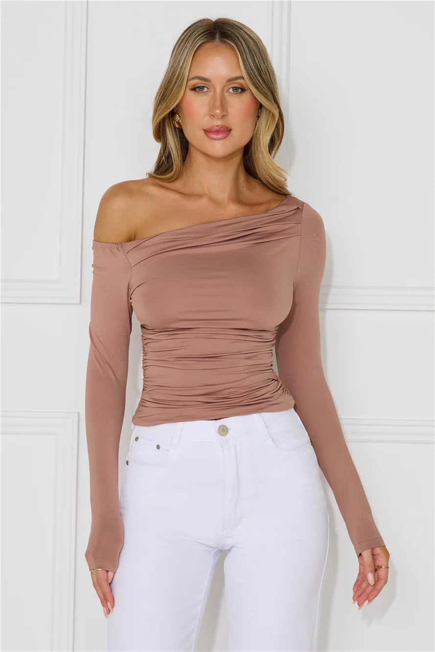 Slinky Feelings Off Shoulder Long Sleeve Top Mocha