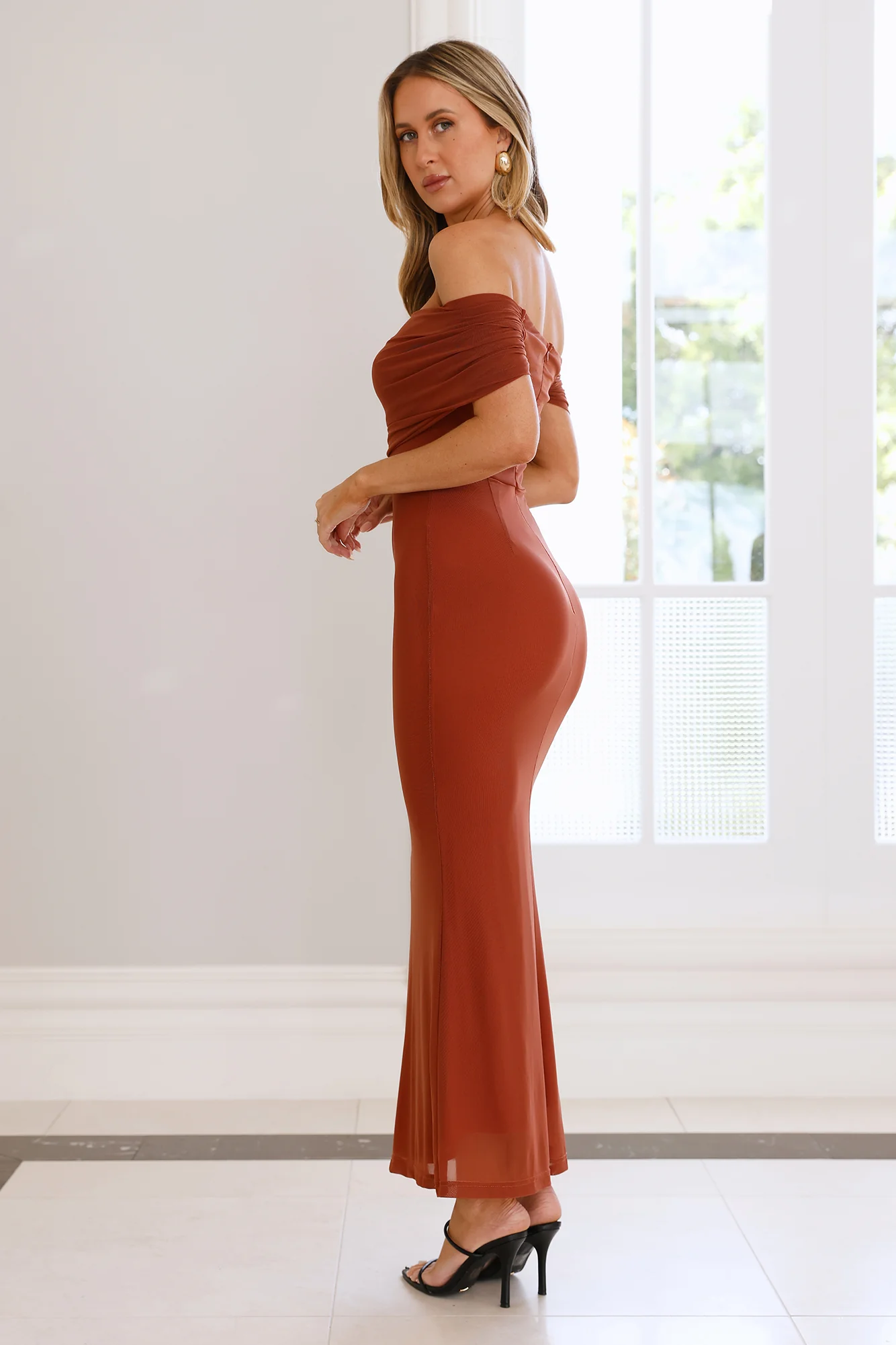 Invited Off Shoulder Mesh Maxi Dress Brown