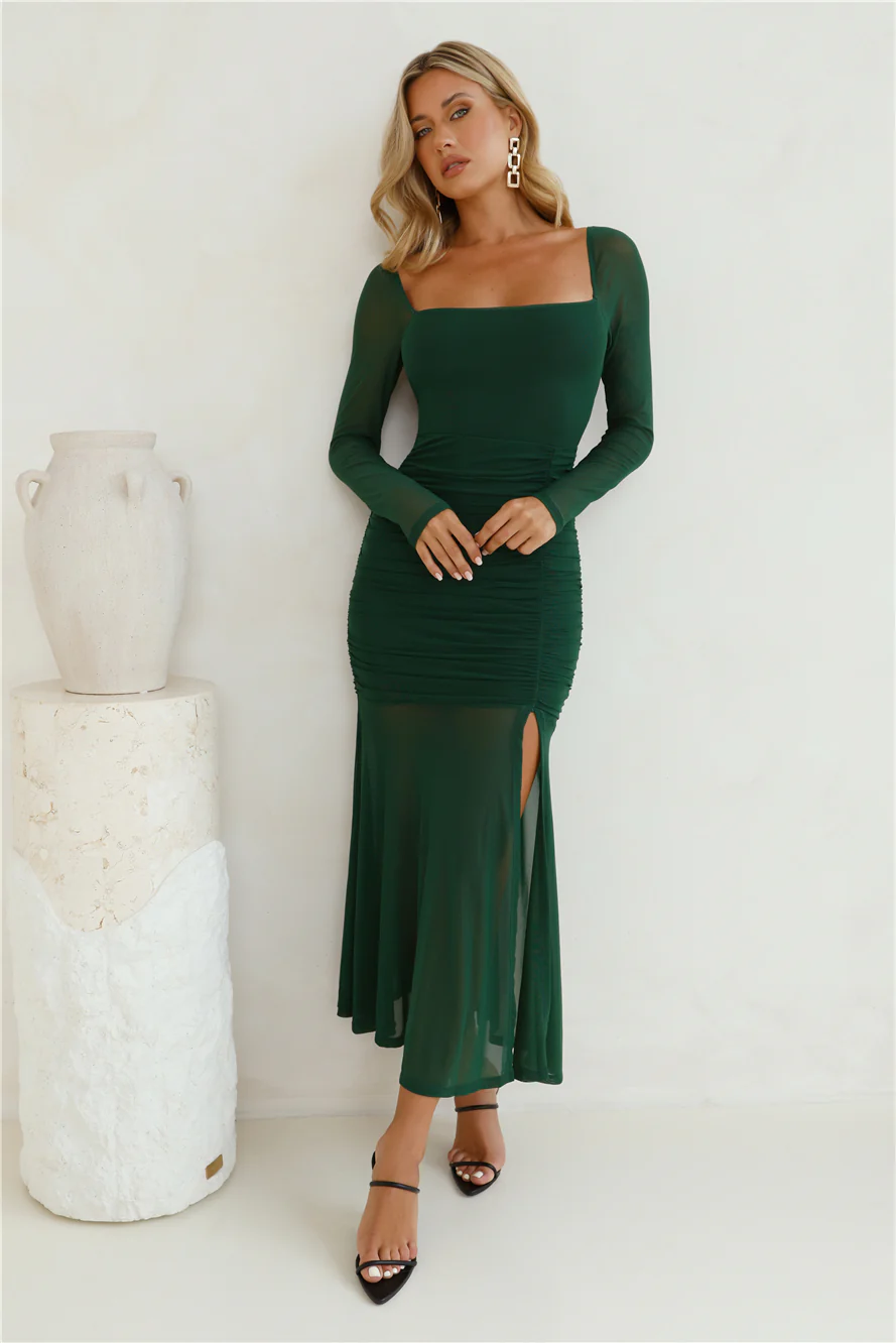 Grand Gesture Long Sleeve Mesh Maxi Dress Green