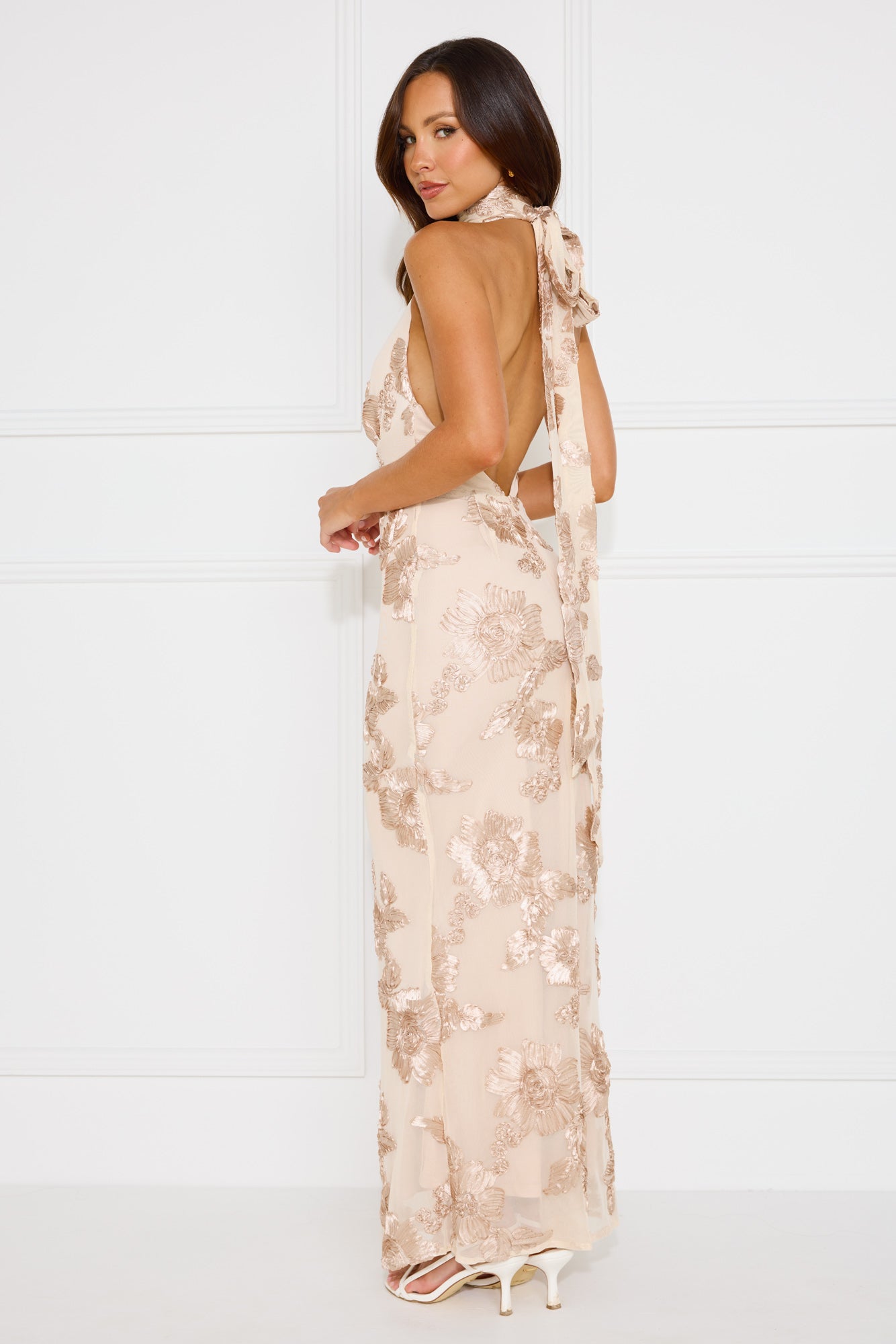 Love Blair Halter Mesh Maxi Dress Beige