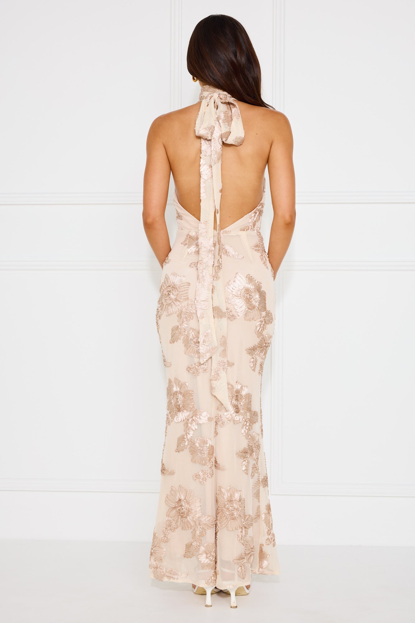 Love Blair Halter Mesh Maxi Dress Beige