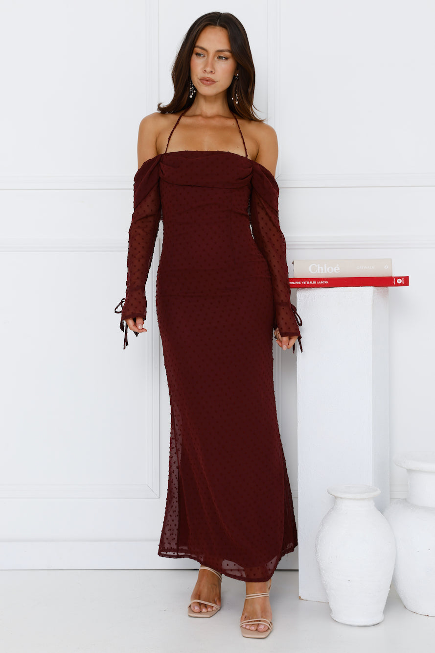 One Stylish Moment Off Shoulder Maxi Dress Wine
