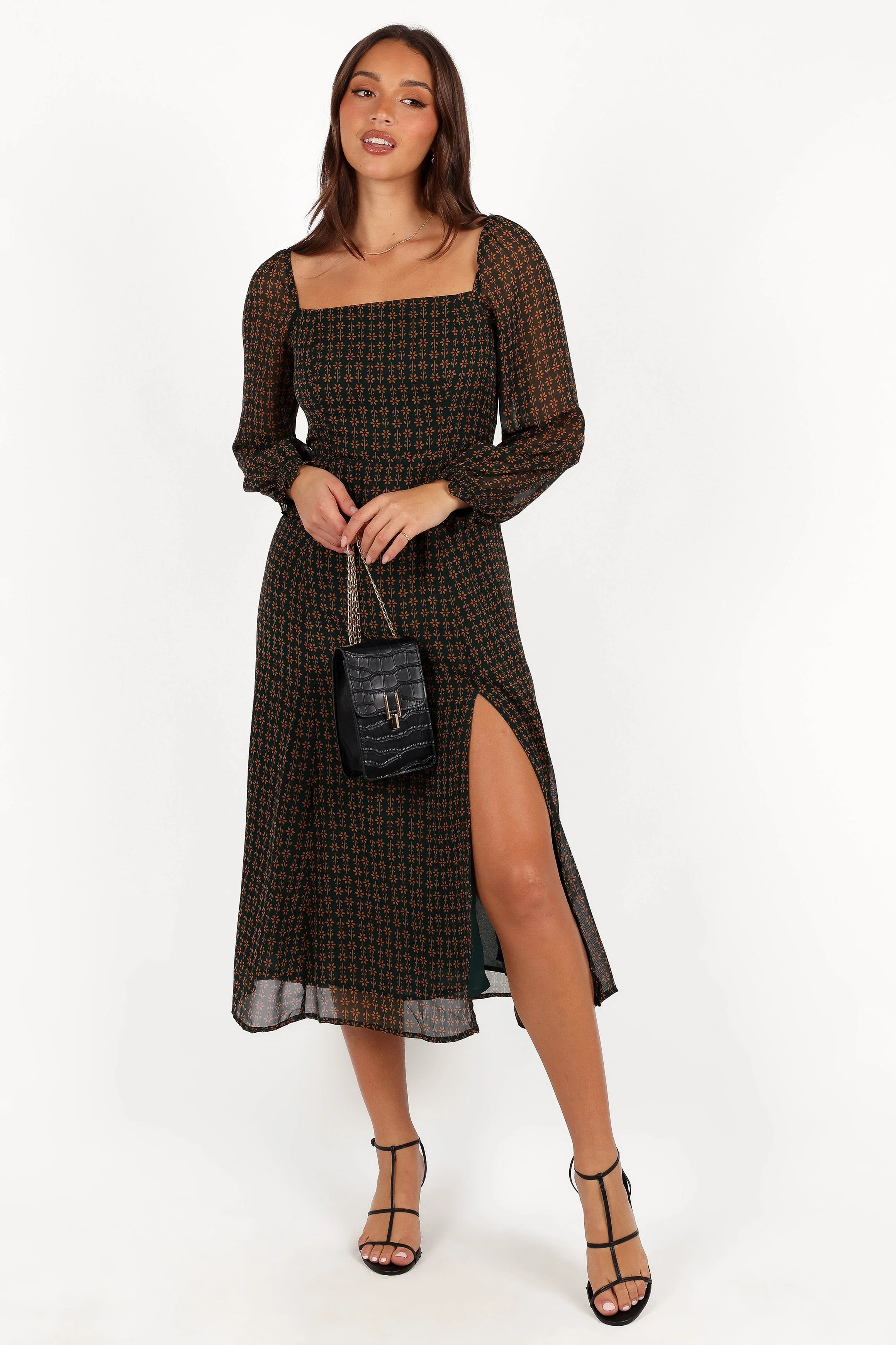 Ettie Long Sleeve Midi Dress - Pine/Tan
