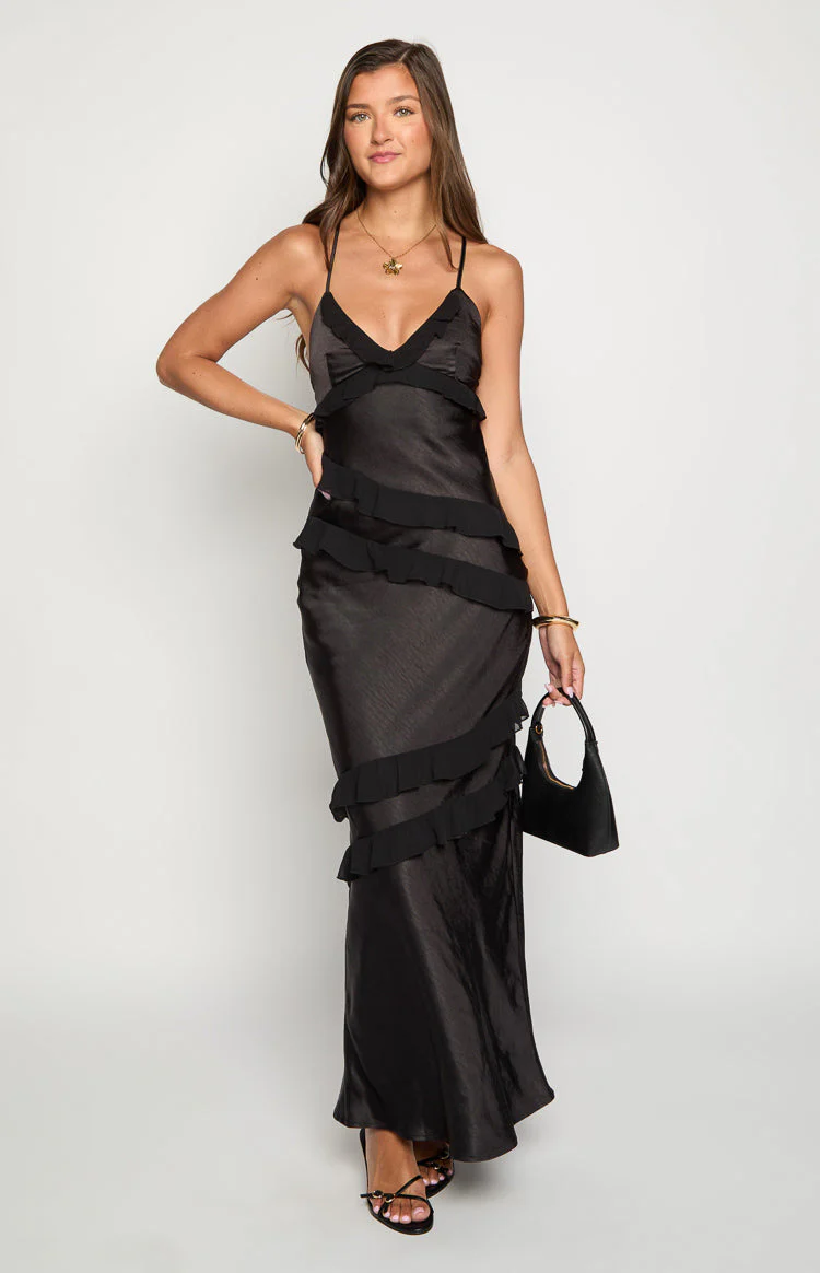 Inara Black Ruffle Maxi Dress