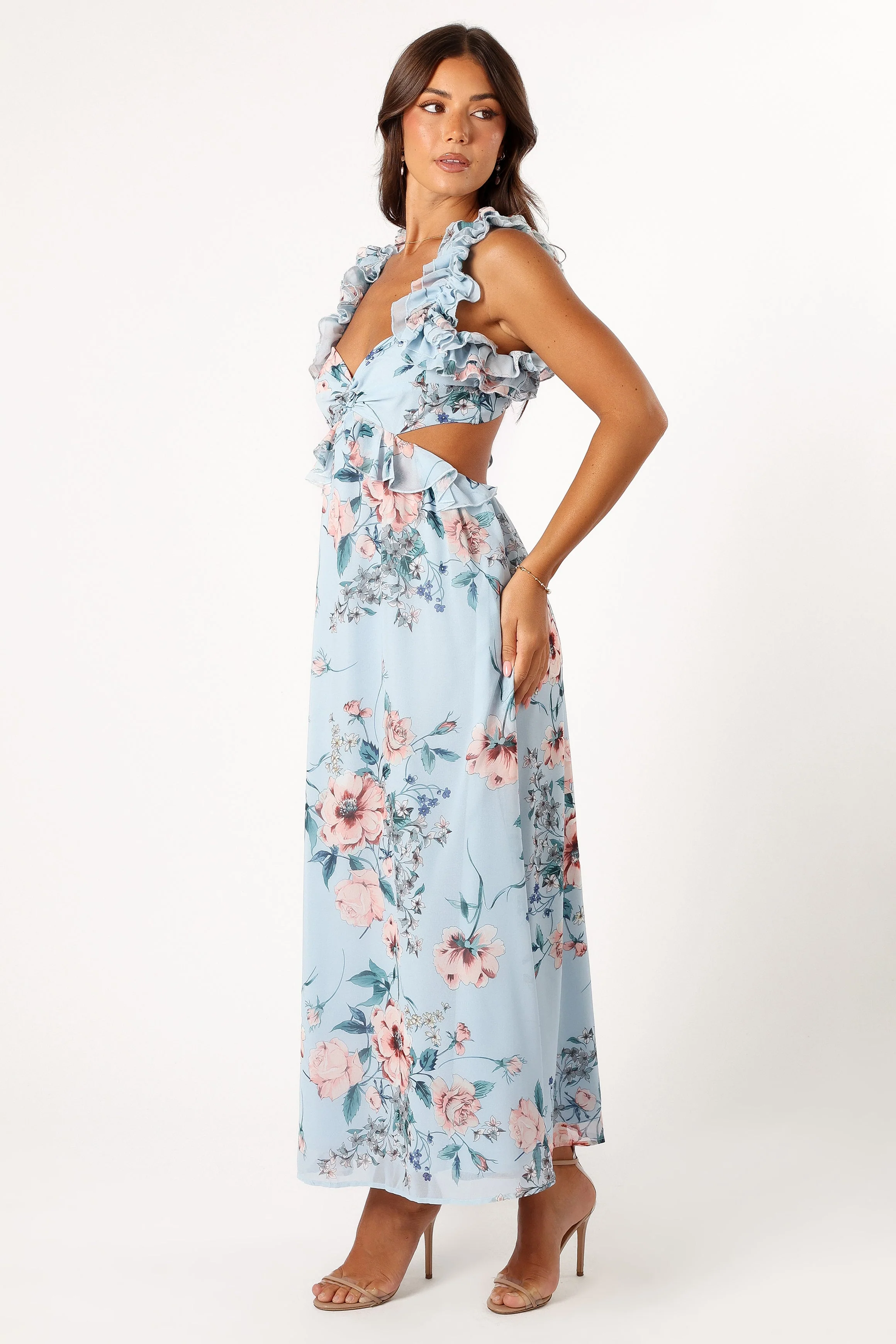 Lucah Frill Shoulder Maxi Dress - Blue Floral