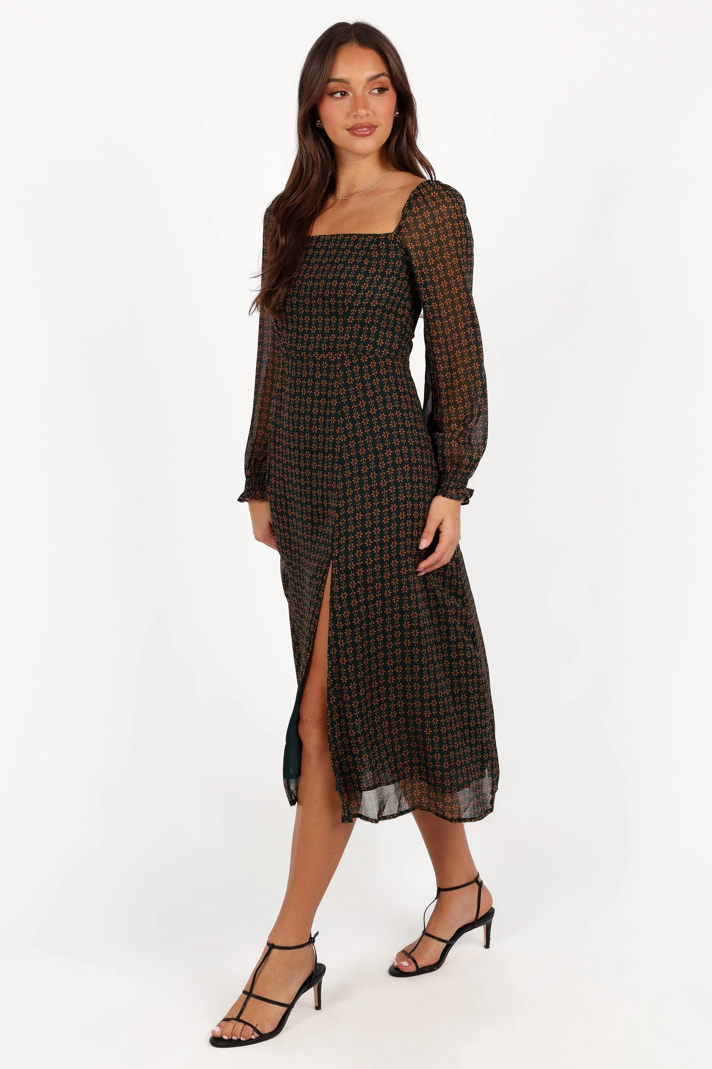 Ettie Long Sleeve Midi Dress - Pine/Tan