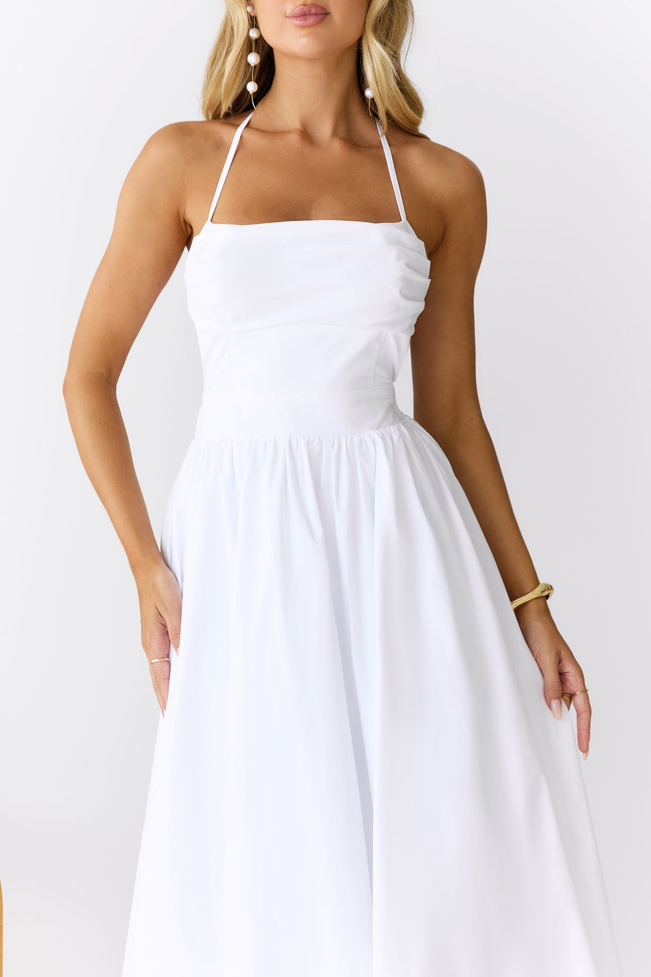 Feathered Snow Halter Maxi Dress White