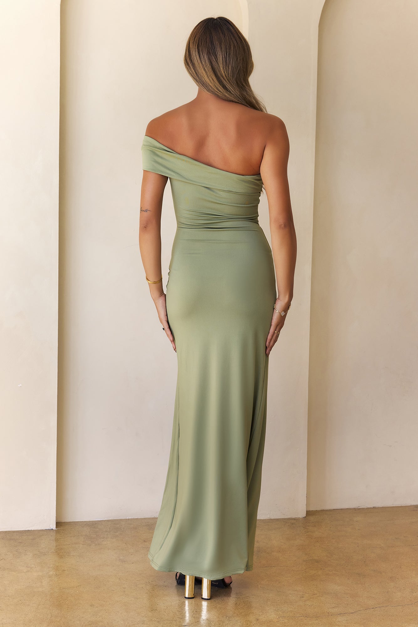 Lavish Luxe Off Shoulder Maxi Dress Olive