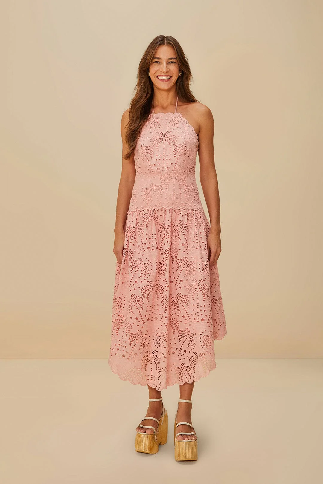 Blush Pink Palm Tree Eyelet Midi Dress
