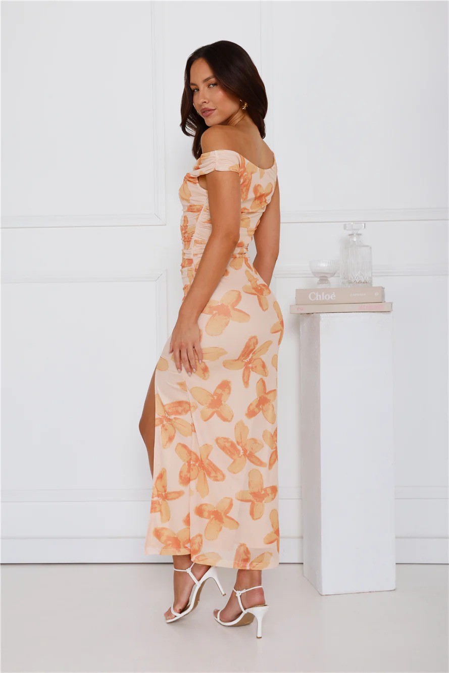 Magic Vibes Off Shoulder Mesh Maxi Dress Orange